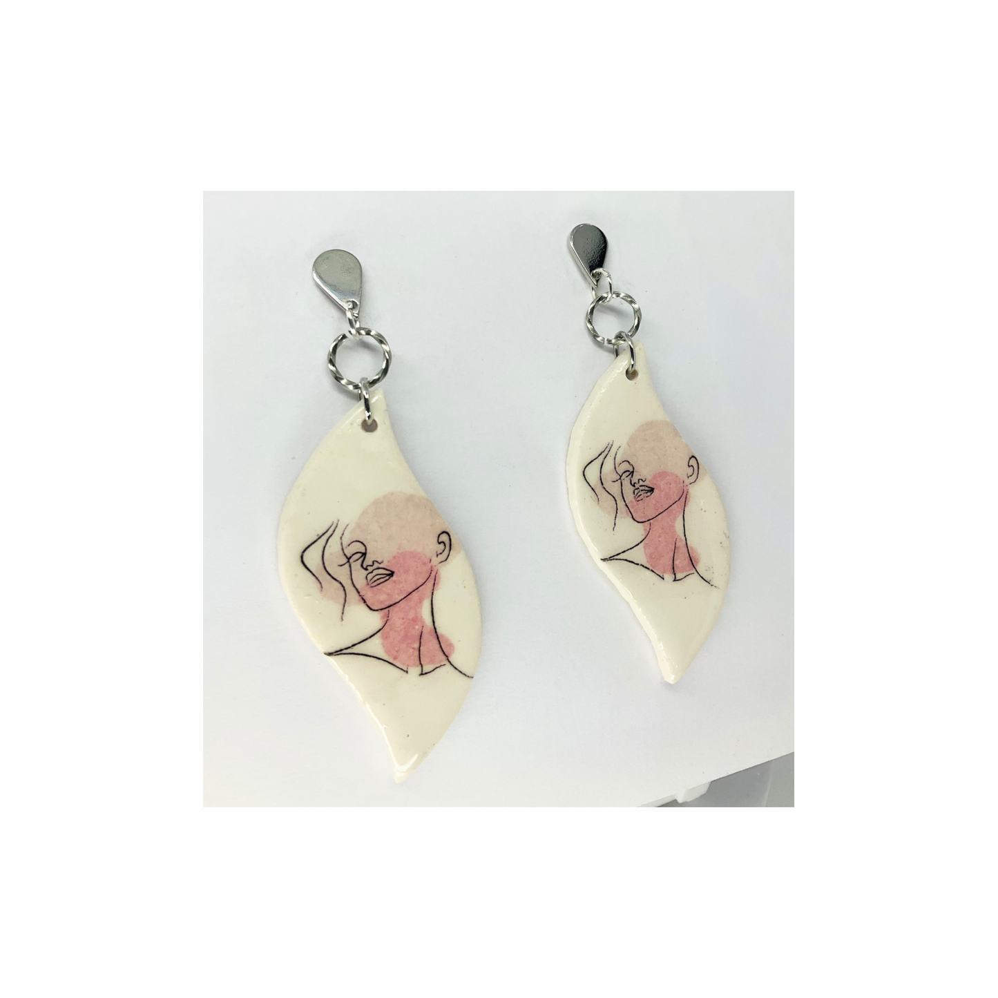 Woman Face Line Art Dangle with Silver Teardrop Stud Earrings-Crafting By BB