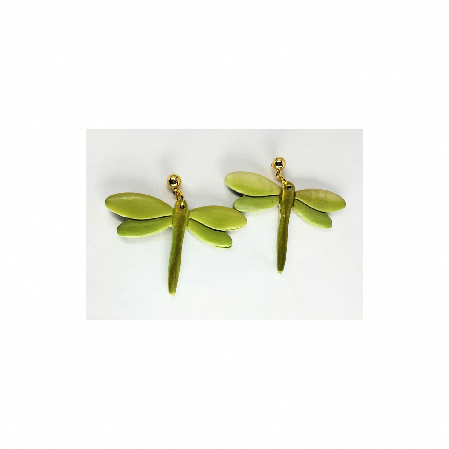 Green and Gold Variegated Dragonfly Dangle with Gold Ball Stud Earrings-Crafting By BB