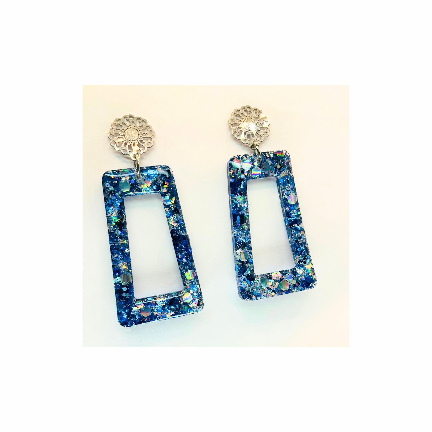 Blue Sparkle Drop with Filigree Stud Dangle Earrings