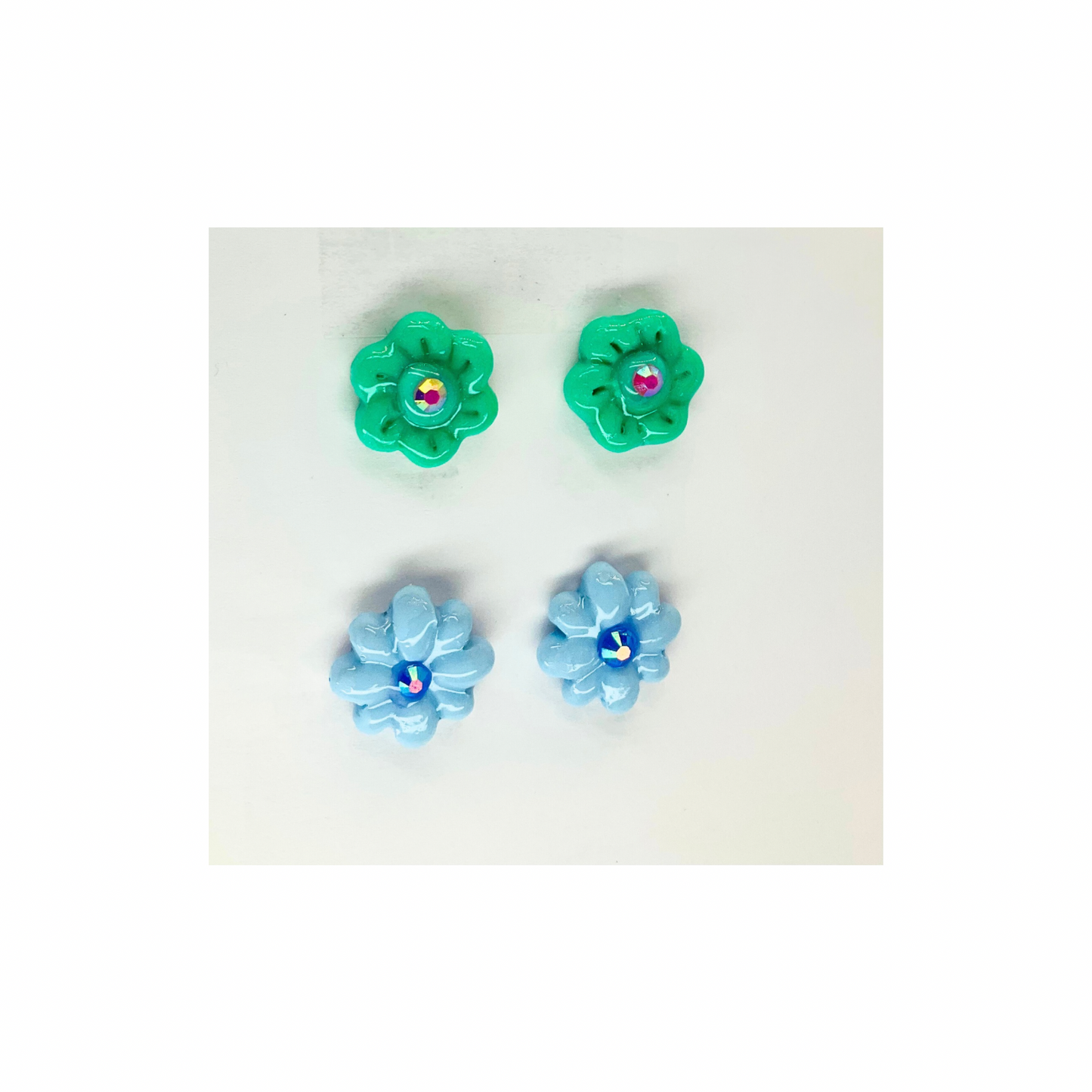 Blue and Green Flower Studs with Rhinestone Earrings-Crafting By BB