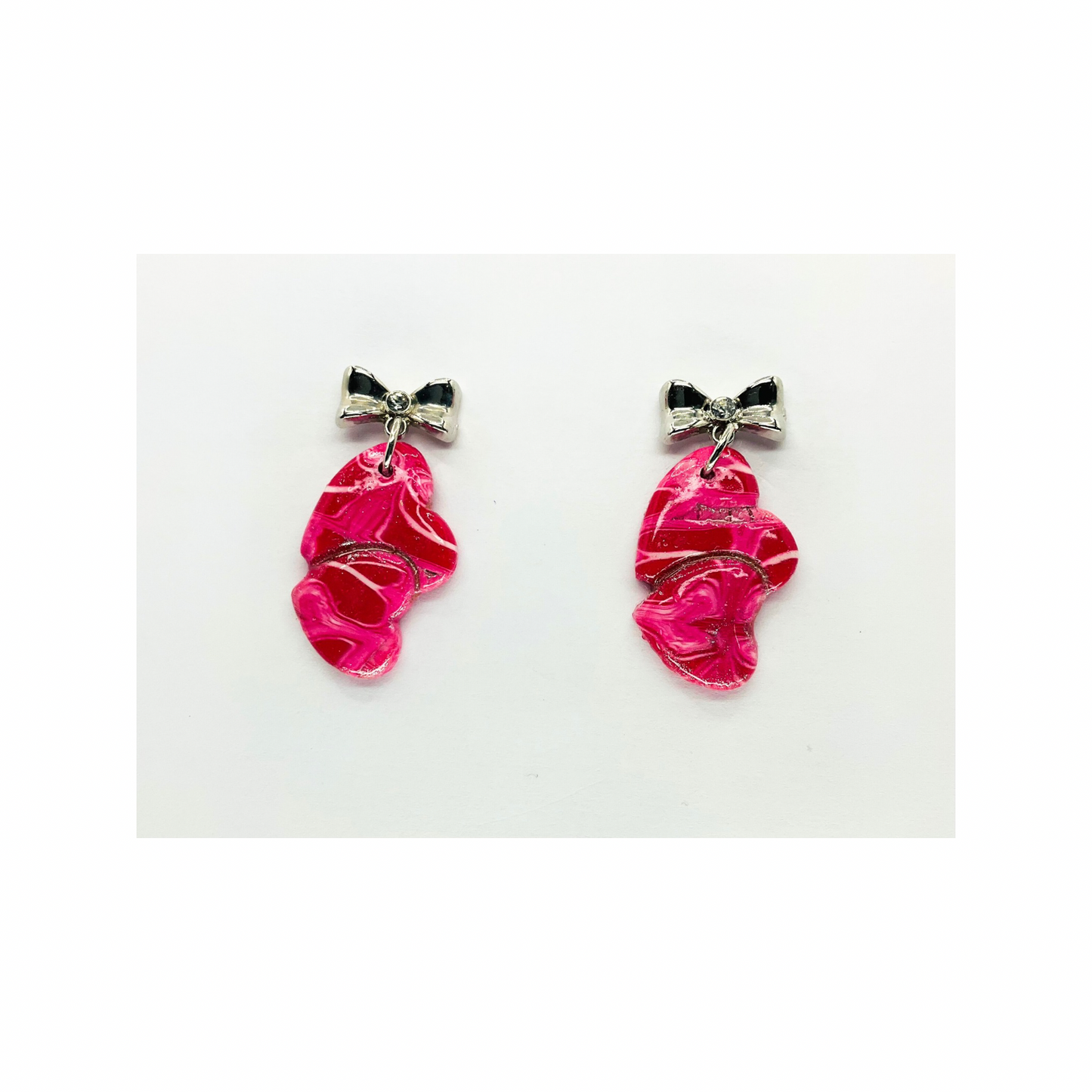 Pink Marble Double Heart Dangle &amp; Silver Heart Studs