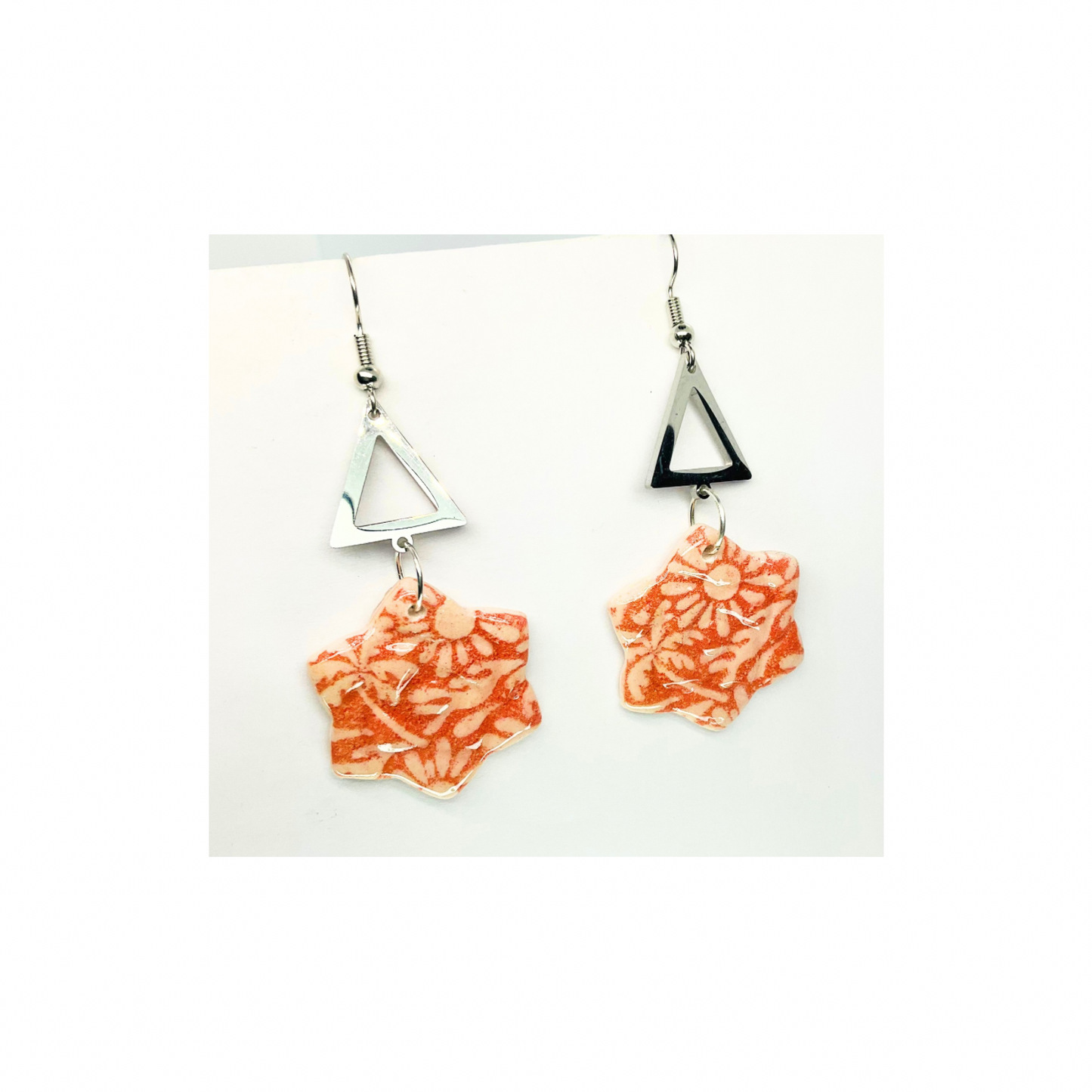 Beach Bloom Collection Salmon Star Shape Dangle Earrings with Orange Floral Design and Silver Triangle Top