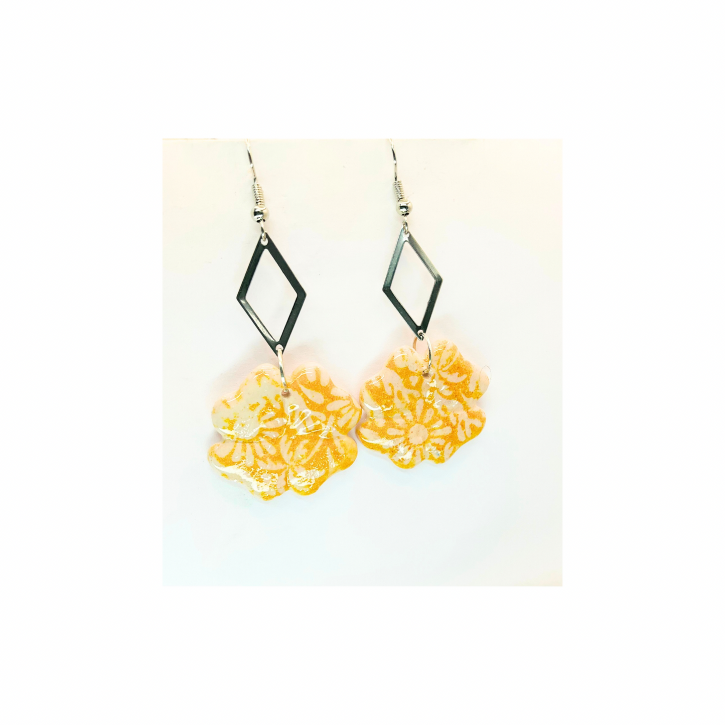 Beach Bloom Collection Yellow Four Corner Flower Dangle with Silver Diamond Embellishment Earrings