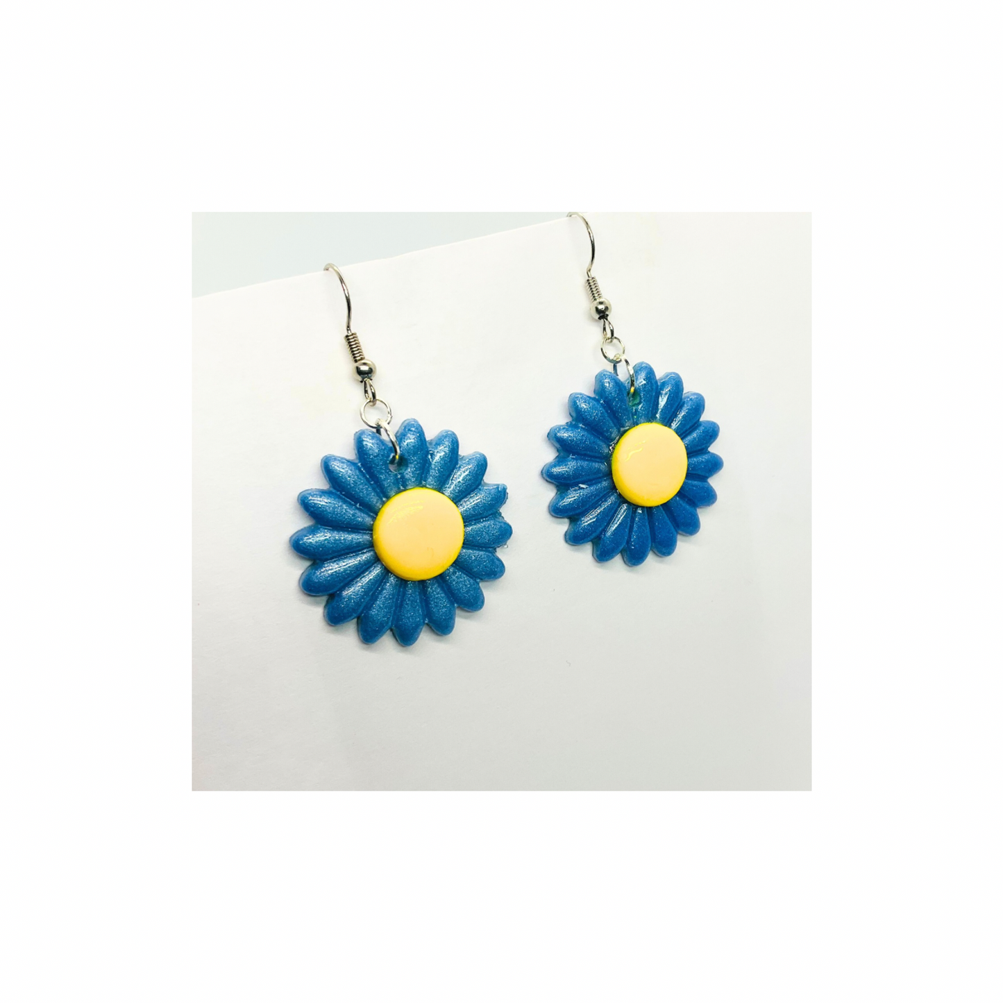 Blue Sunflower Dangle Earring with a Yellow Center