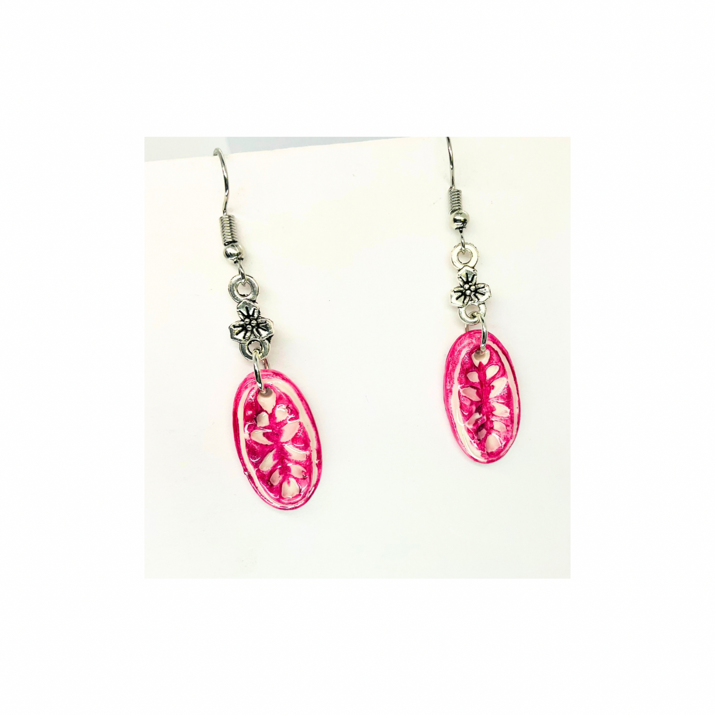 French Garden Collection Pink Oval with Silver Flower Dangle Earring for Women