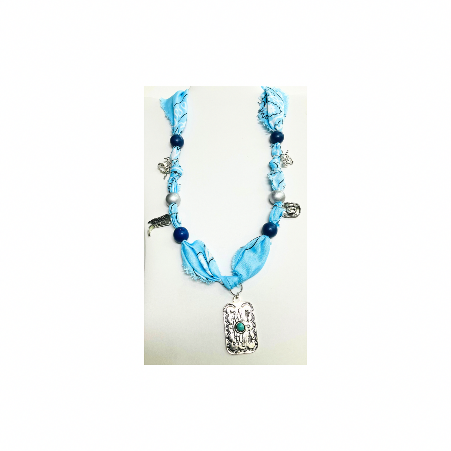 Western Style Blue 21 Inch Bandana Necklace with Silver Charms and Blue and Silver Wood Beads for Stylish Outfits