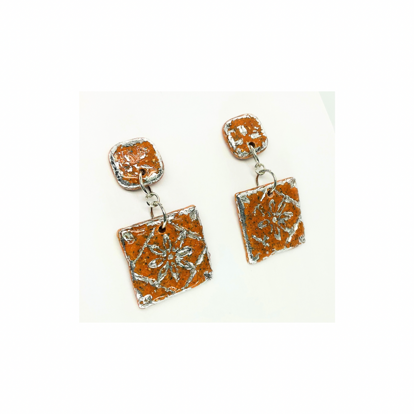 Terracotta Tile Stud with Silver Accents Dangle Earrings -  Square Design with Intricate Patterns