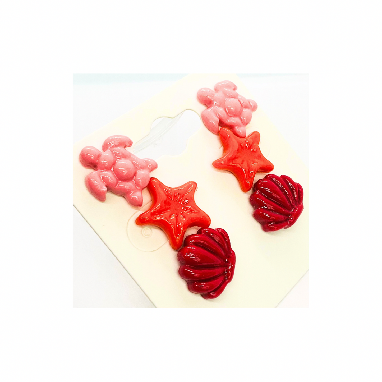 Mermaid Collection Light Pink Turtle, Orange Starfish and Dark Pink Shell Stud Earrings