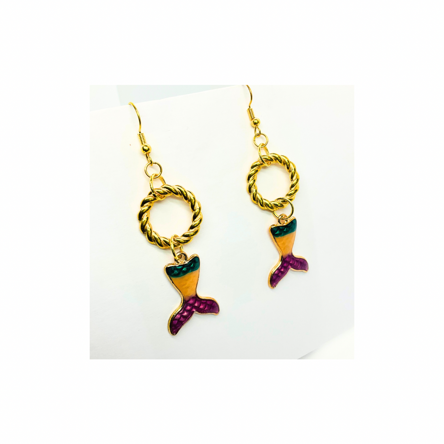 Mermaid Collection Bright Tail with Gold Dangle Earring - Colorful Mermaid Design & Gold Woven Loop Charm