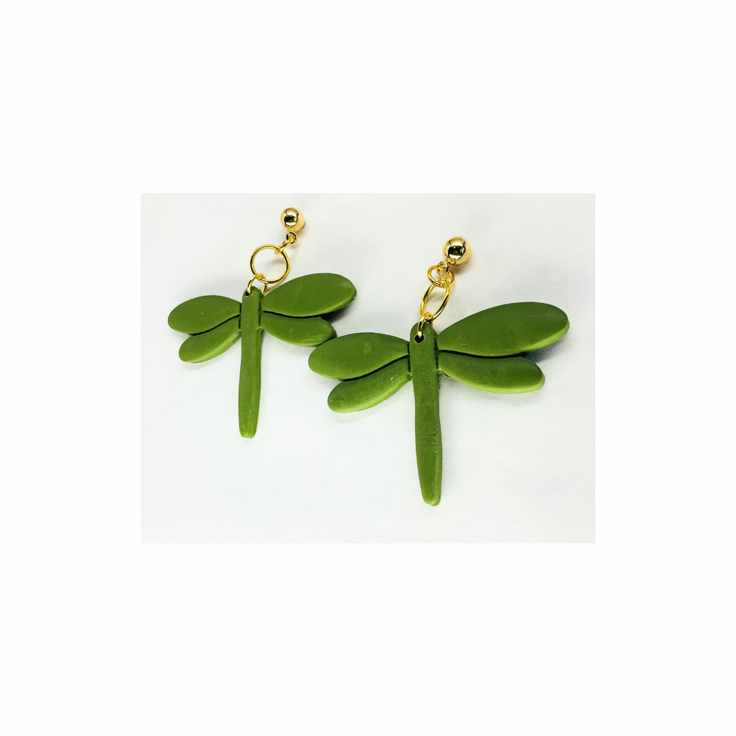 Olive Green Dragonfly Dangle with Gold Ball Stud Earrings-Crafting By BB