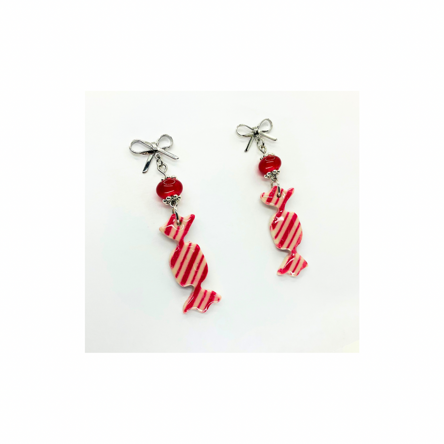 Wrapped Red Striped Candy Dangle with Red Bead and Silver Stud Earrings