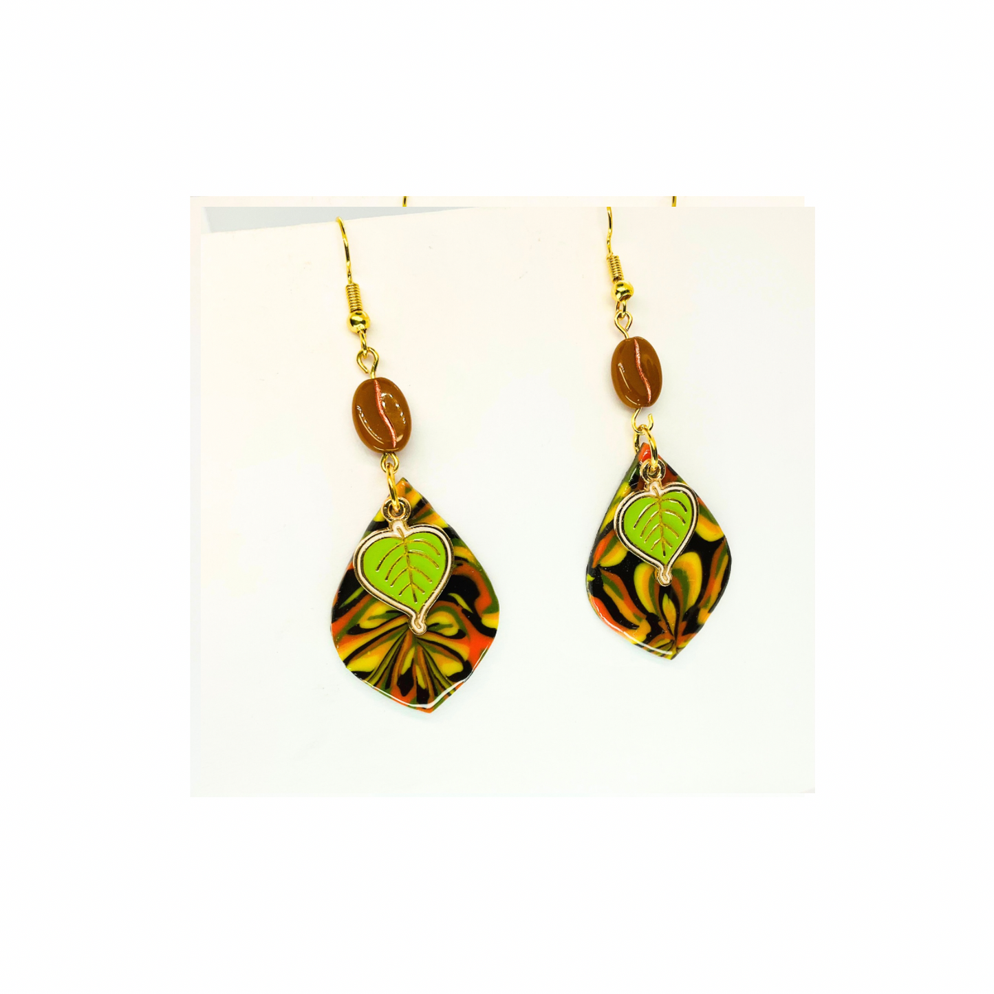 Fall Collection Green Leaf Charm Dangle Earrings with Colorful Leaf Design and Gold-Tone Hooks