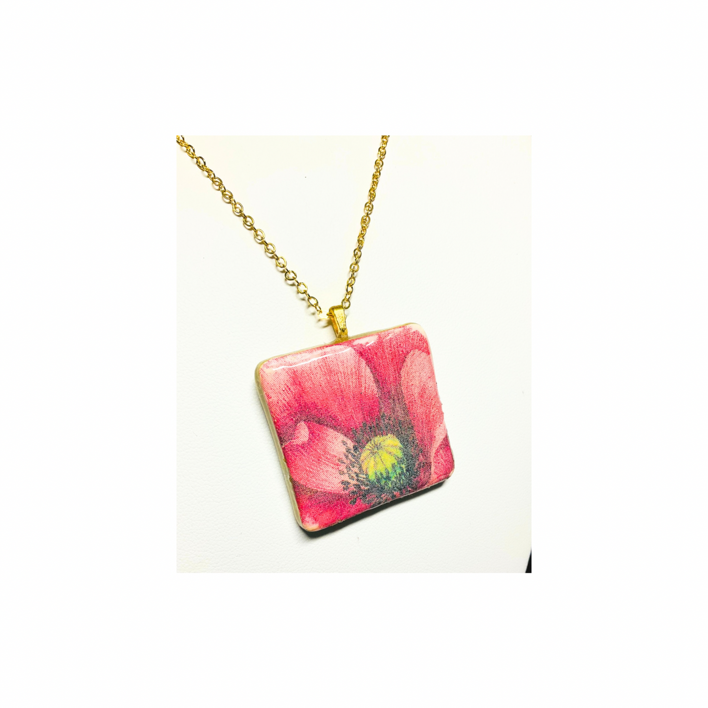 Pink Flower Clay Square Pendant Necklace - Trendy Cute Style Pink Handcrafted Lightweight for Everyday Wear