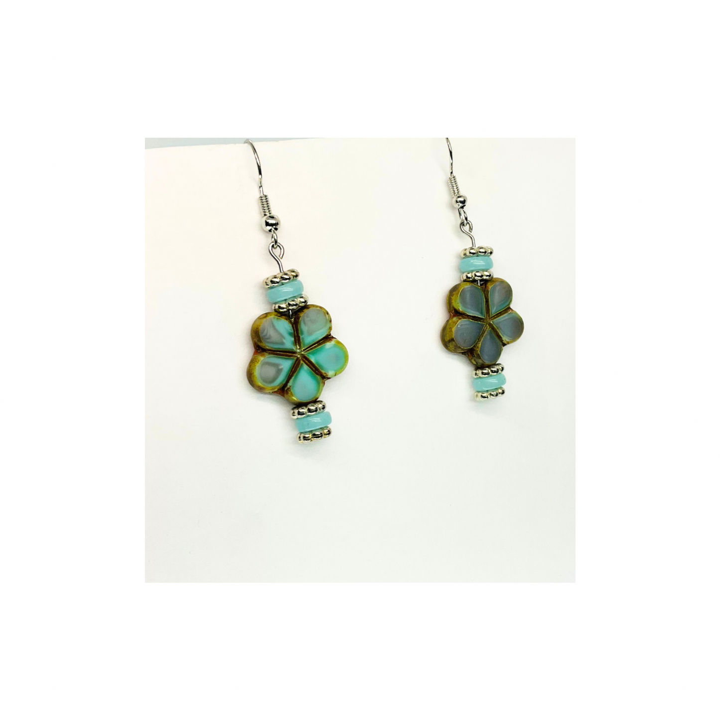 Porcelain Bead Collection with Flower Dangle Earrings - Elegant Design Featuring Teal and Silver Accents