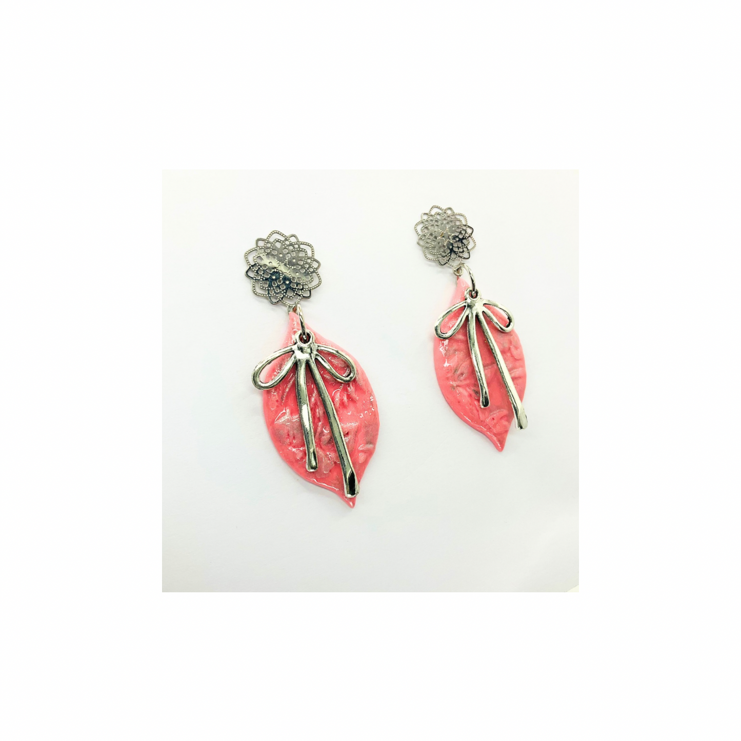 Pink Ornament with Silver Bow and Filigree Stud Dangle Earrings for Women's Fashion Accessories