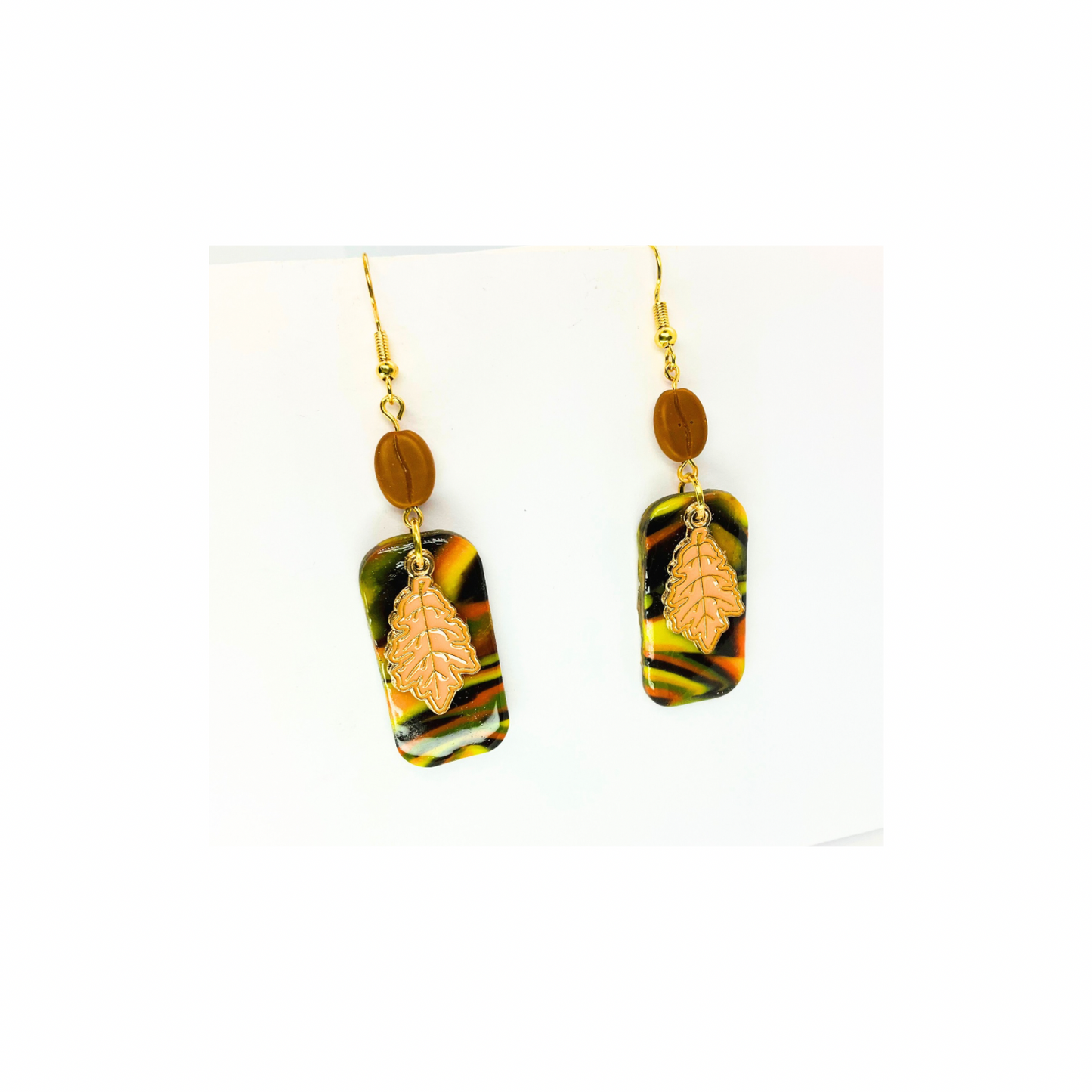 Fall Collection Rectangle with Yellow Gold Leaf Charm Dangle Earring - Unique Design Earrings