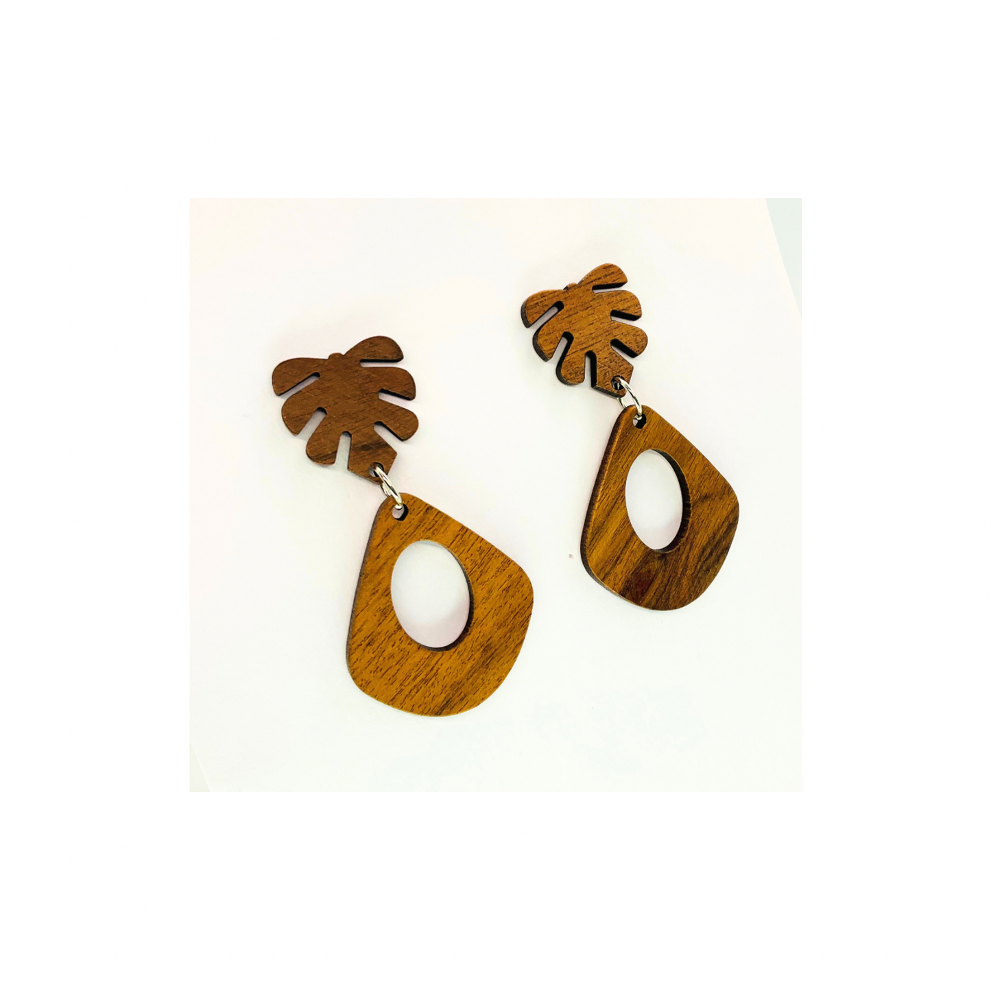 Boho Wood Collection Leaf Stud Dangle Earrings for Female - Wooden Design with Leaf Motif and Teardrop Shape