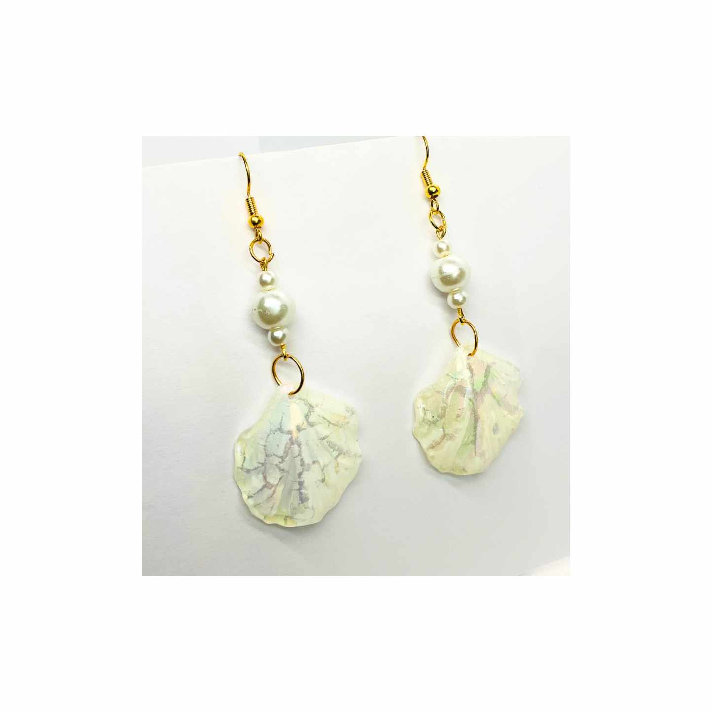 Mermaid Collection Pearl Crackle Shell Dangle Earrings for Adults with Unique Design and Pearl Accent