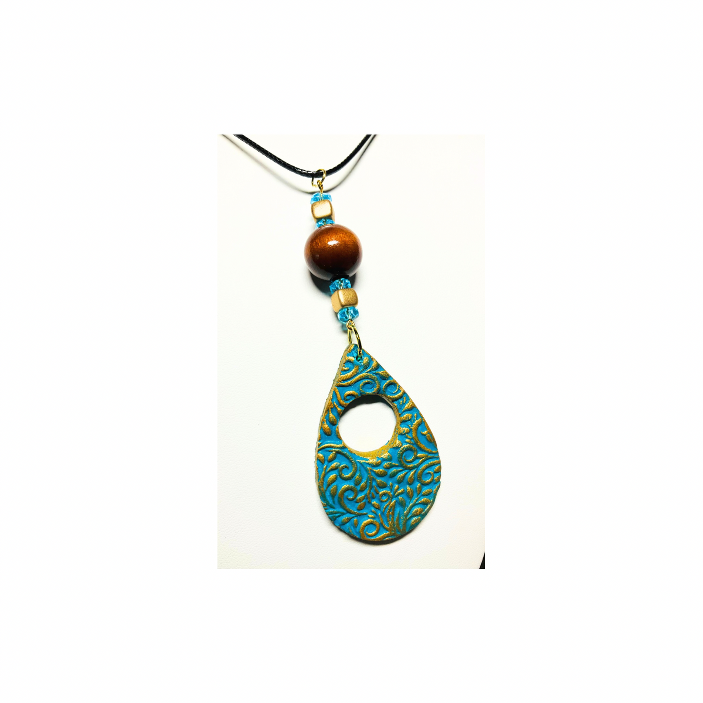 Turquoise and Gold Teardrop Pendant Beaded 18-inch PU Leather Necklace with Intricate Design and Beads