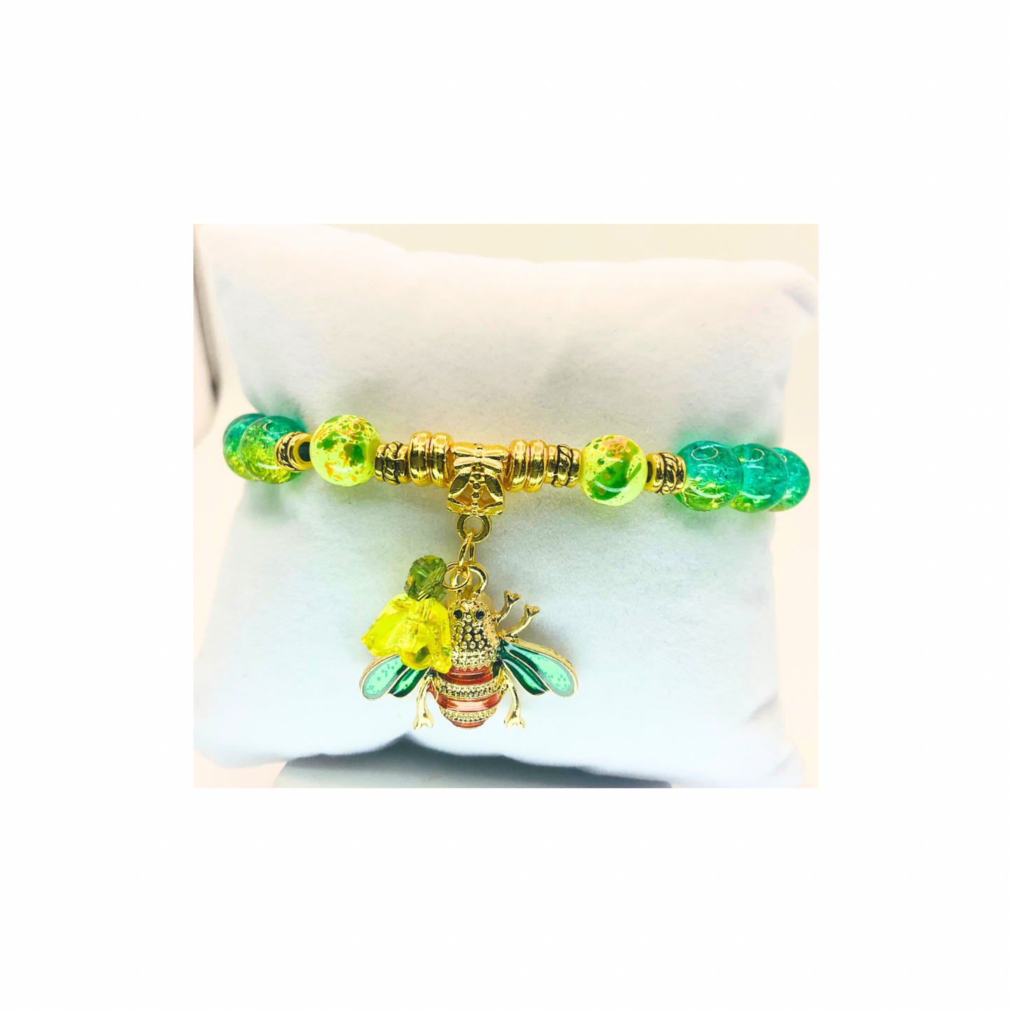 Green Crystal and Gold Beaded Bracelet with Bee Charm-Crafting By BB