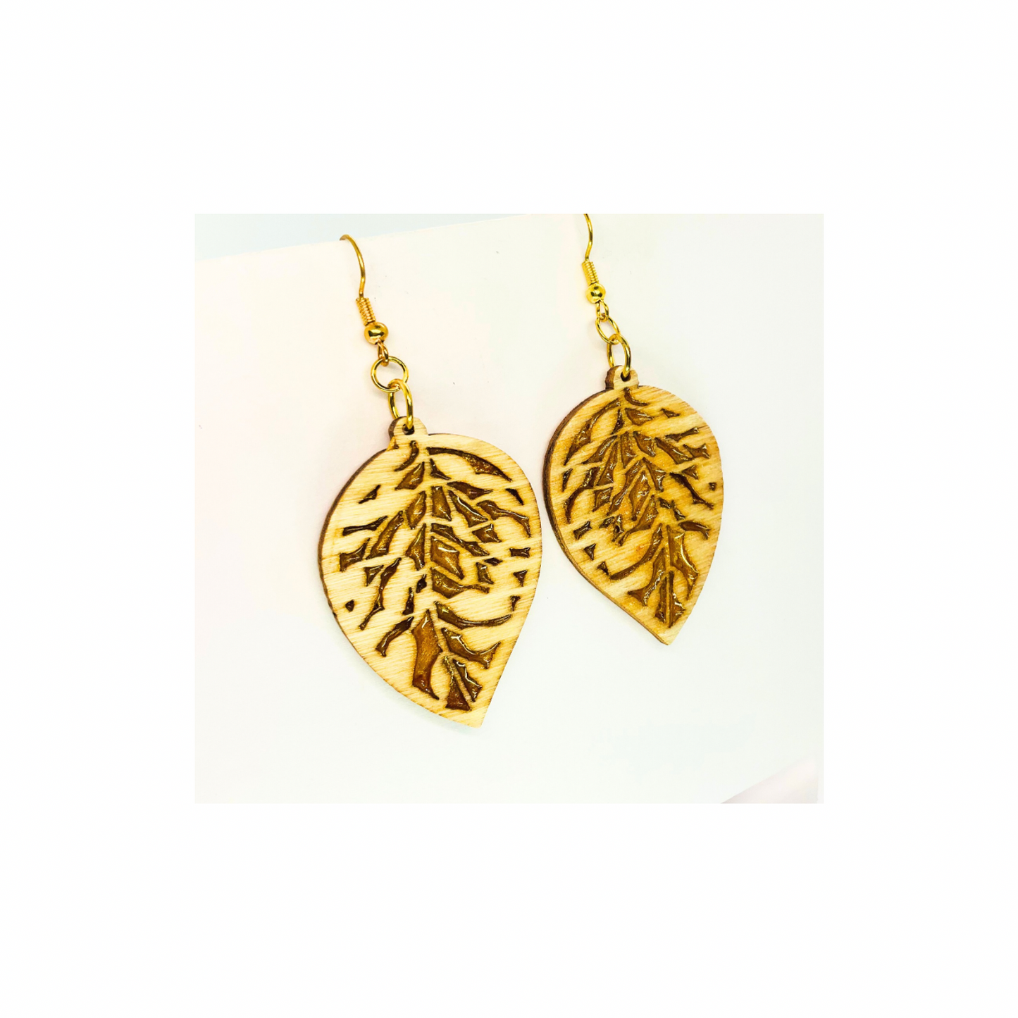 Wood Leaf Earrings with Gold Accent - Tan Wood Drop Design with Gold Resin Veins