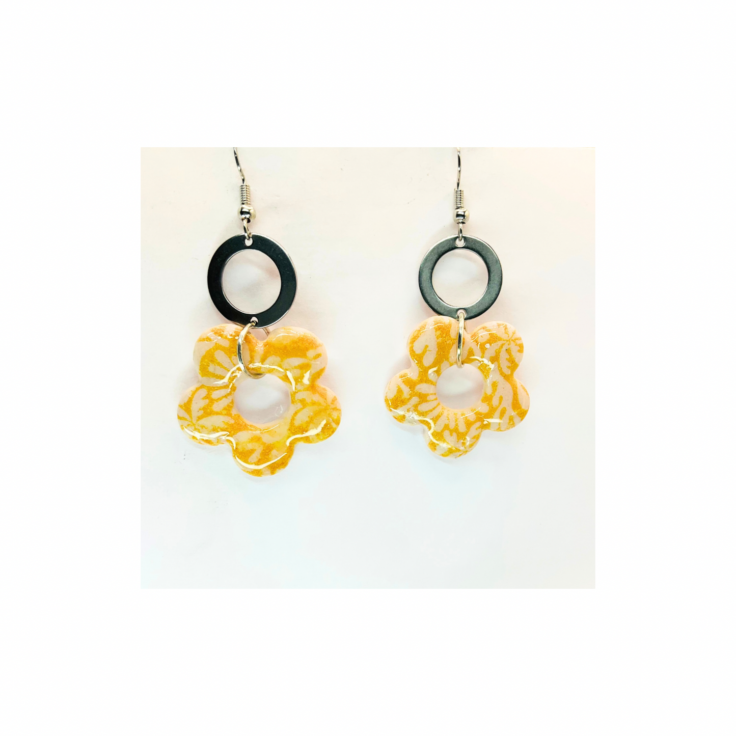 Beach Bloom Collection Yellow Flower Dangle with Silver Circle Earrings