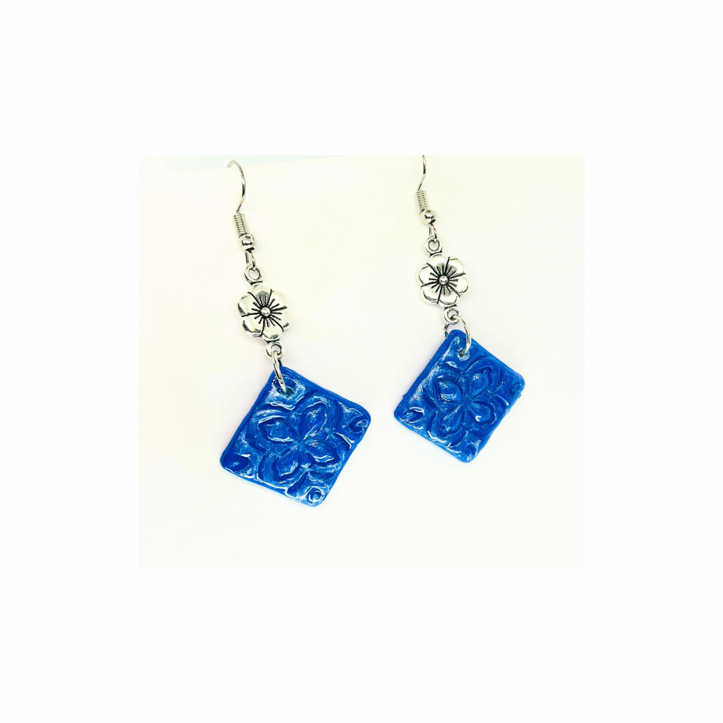 Blue Tile 132 with Silver Flower Charm Dangle Earrings - Square Design & Colorful Appeal