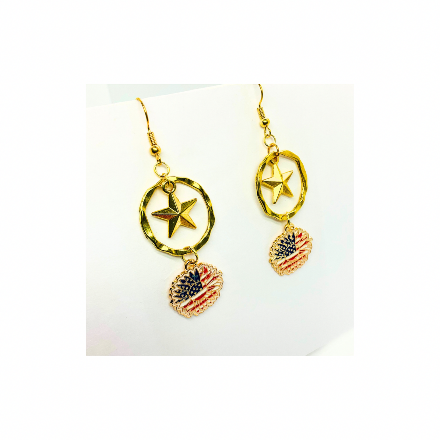 Patriotic Collection Sunflower Charm with Gold Star Dangle Earrings Featuring American Flag Design