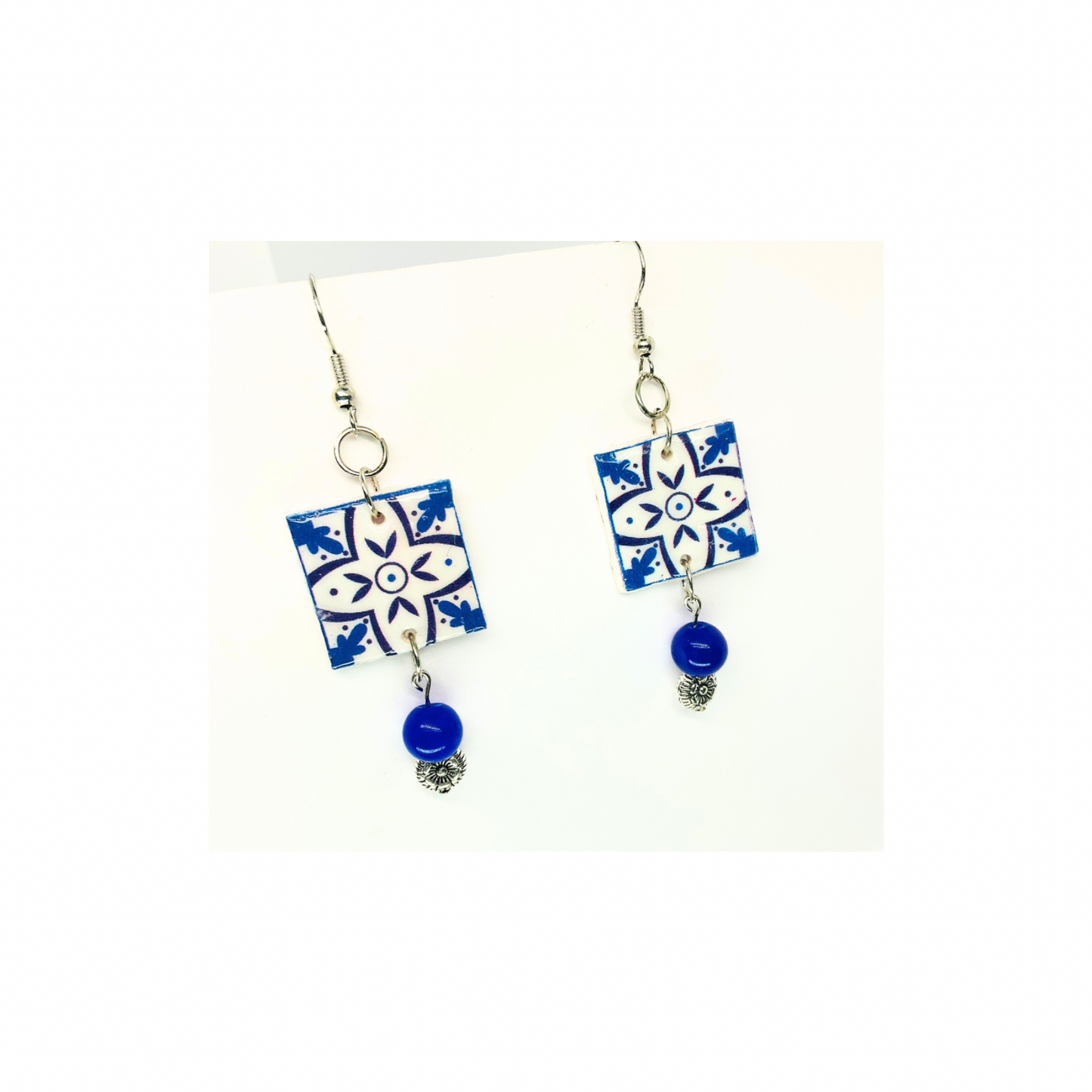 French Garden Collection Blue White Ceramic Tile Earrings with Blue Bead Dangle for Women Elegant Design Versatile Stylish Accessory