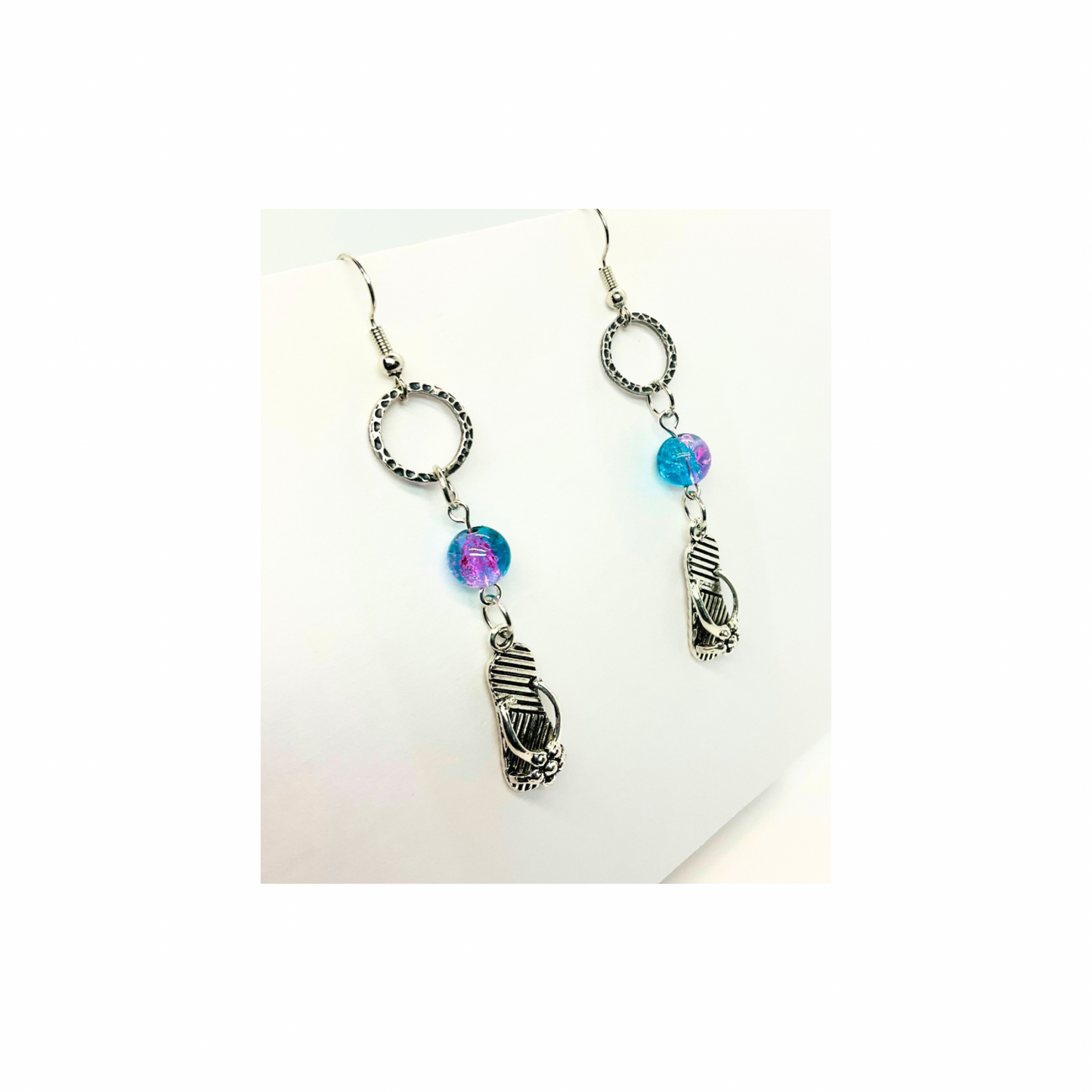 Ocean Collection Silver Flip Flops with Crystal Ocean Bead Dangle Earring - Unique Design Earrings