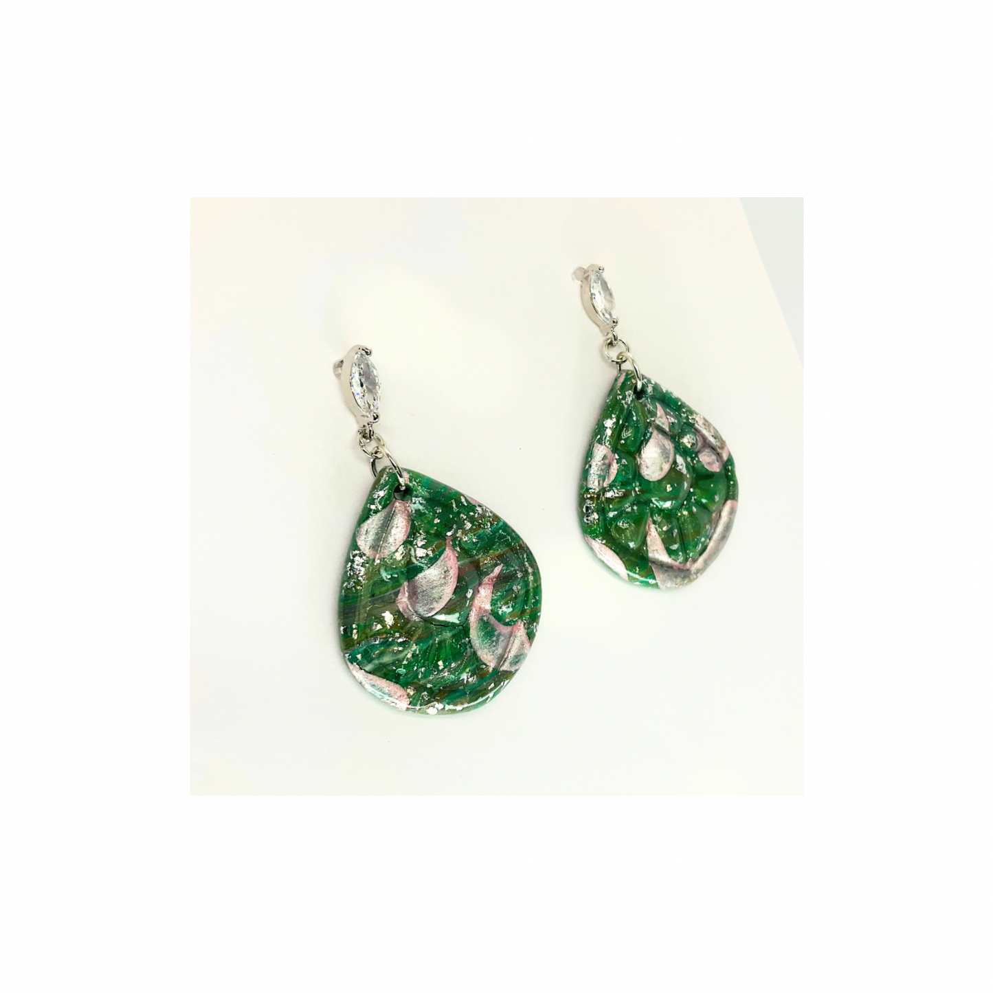 Green Silver Sparkle with Pearl Pink on Rhinestone Stud Dangle Earring for Adults Sparkly Teardrop Design