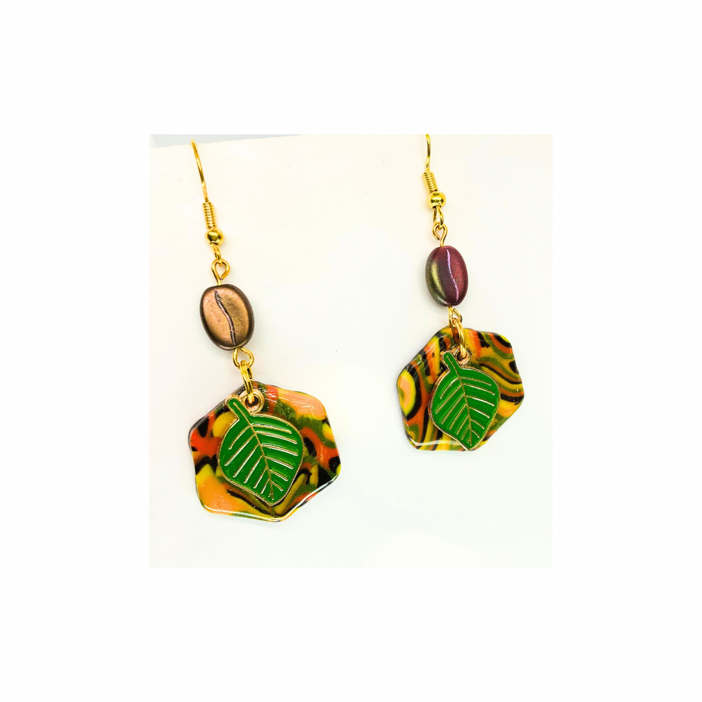 Fall Collection Deep Green Leaf Charm Dangle Earrings with Colorful Hexagon Design and Gold Hooks