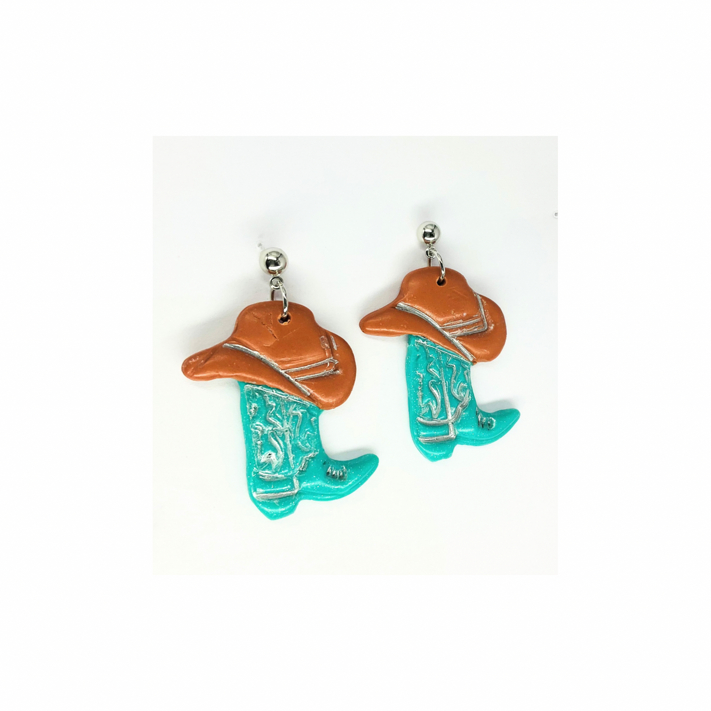 Turquoise Boots and Brown Hat with Silver Ball Stud Dangle Earrings-Crafting By BB