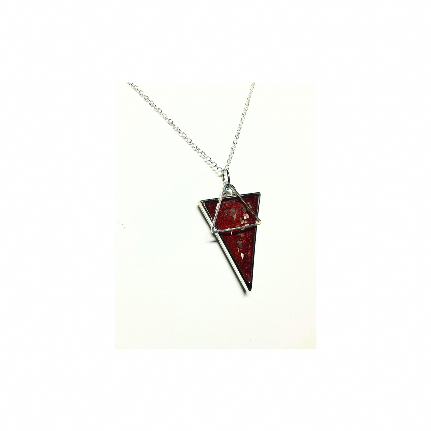 Deep Red and Silver Triangle Necklace with 18-inch Silver Chain Elegant Jewelry Accessory
