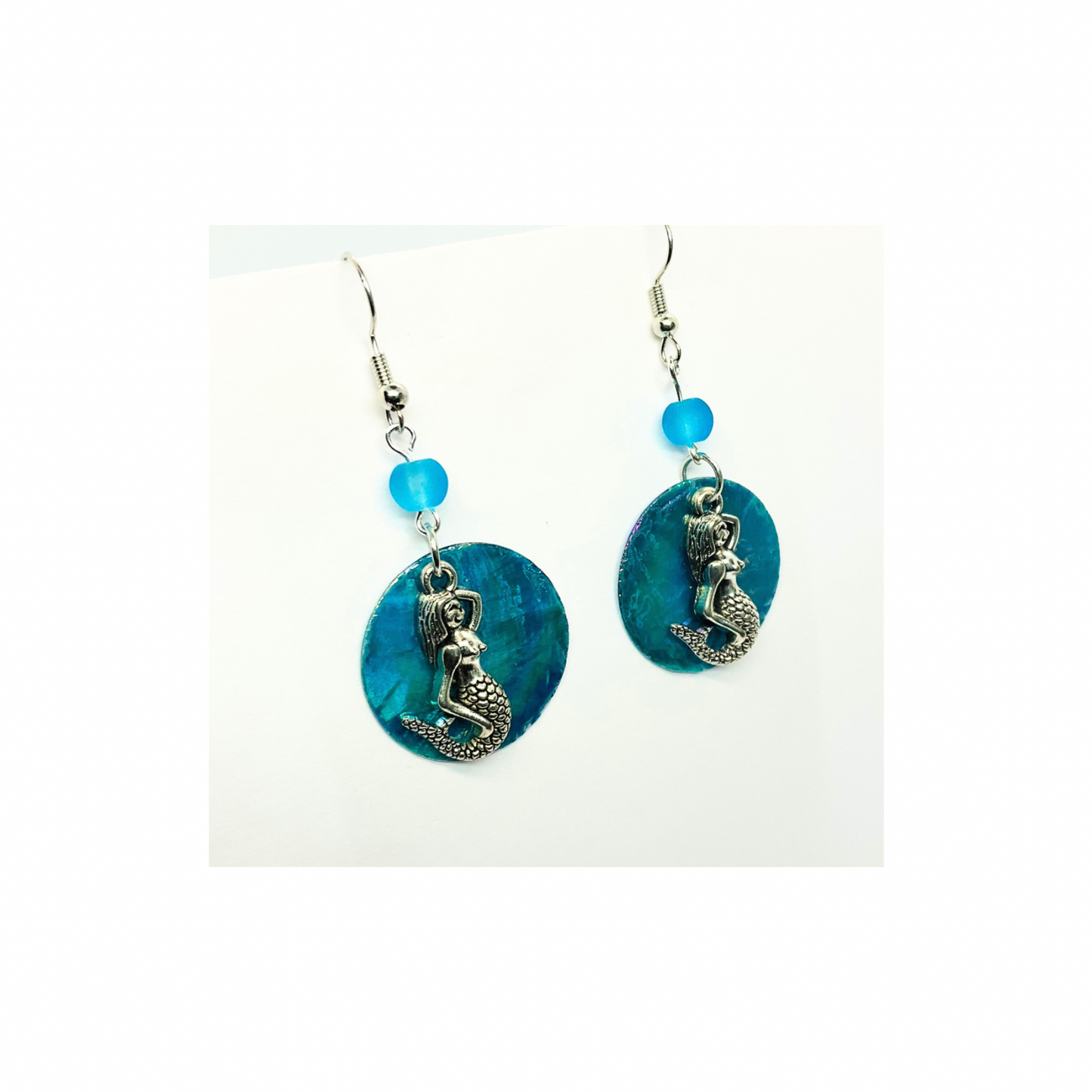 Ocean Collection Mermaid and Flat Shell Dangle Earring with Blue Bead Accent