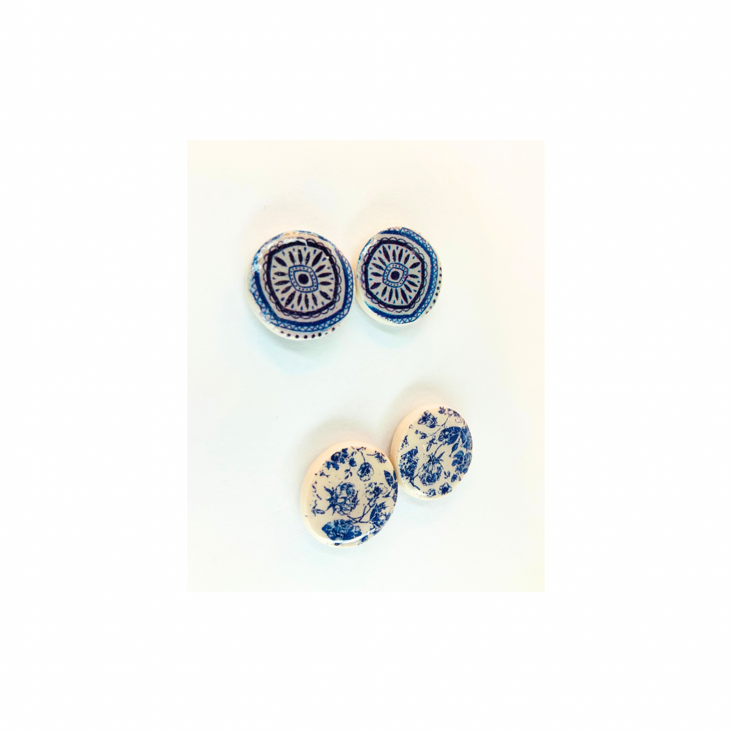 Blue and White Button Tile Stud Earrings