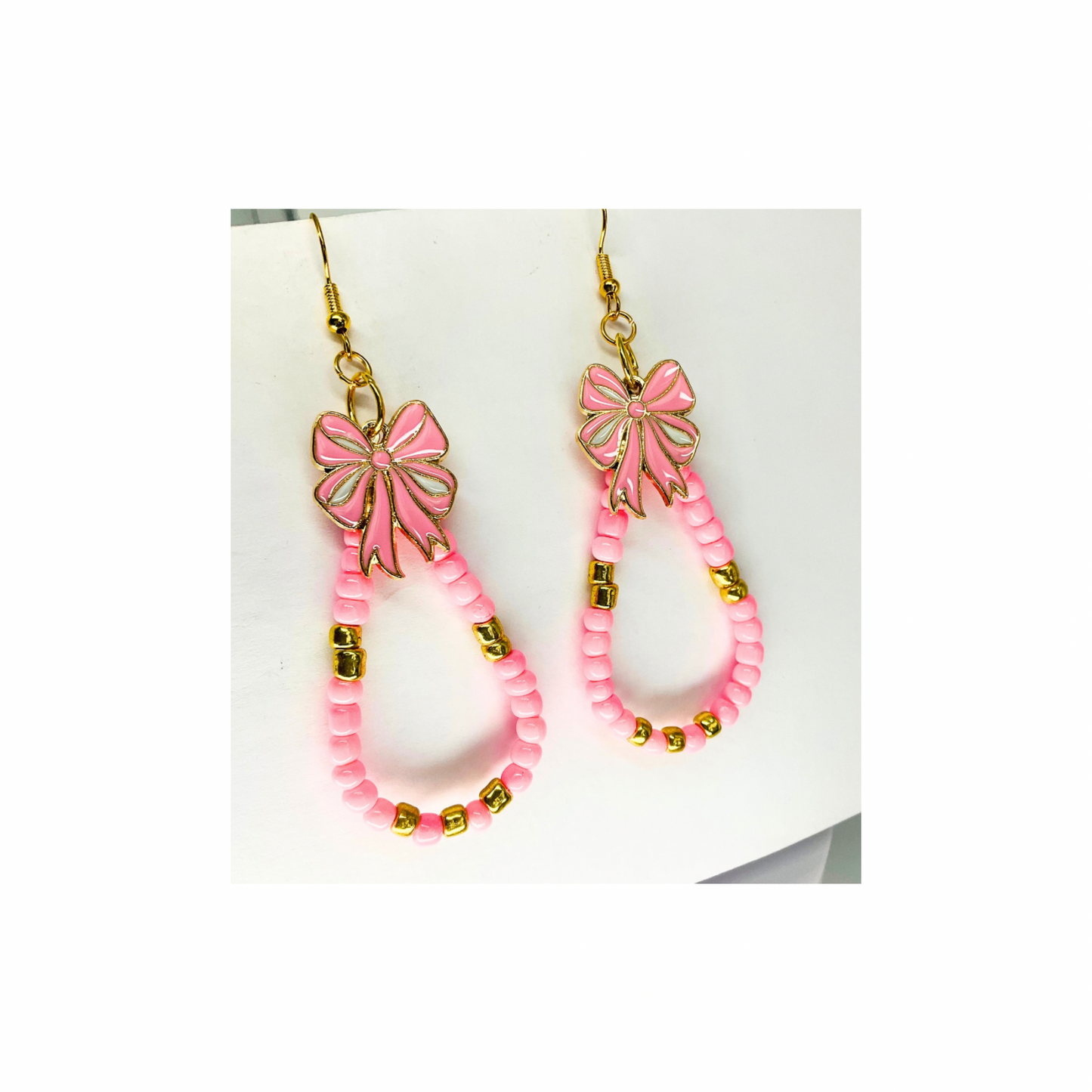 Pink and Gold Teardrop Beaded Dangle with Pink Bow Charm Earrings