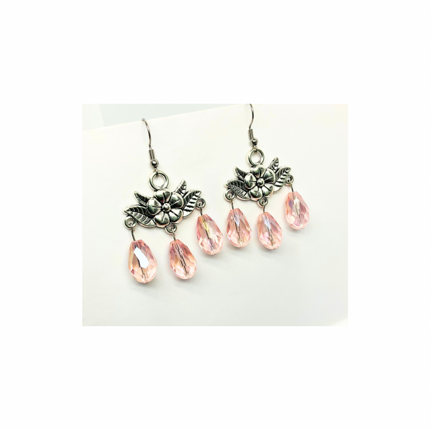 Crystal Chandelier Collection Large Bead Dangle Earrings with Pink Teardrop Design and Detailed Charms