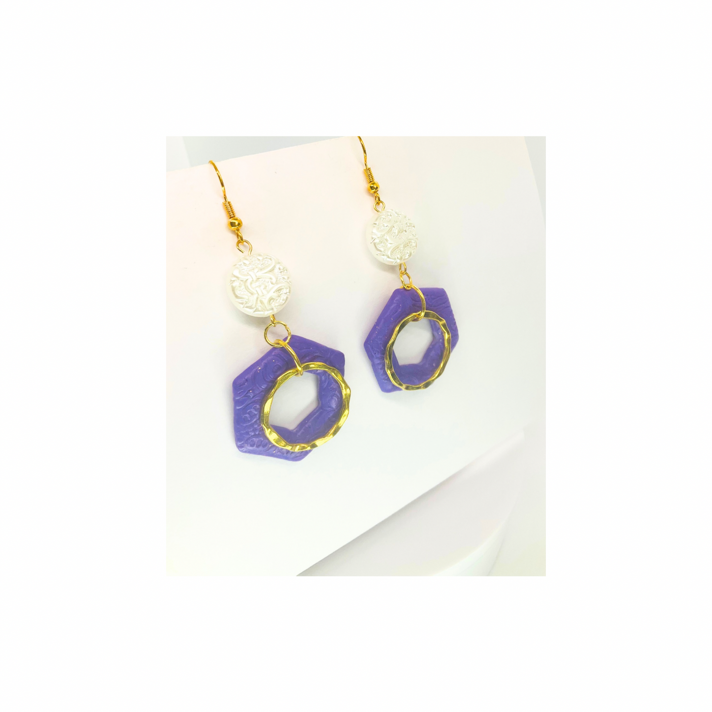 Deep Purple Hexagon and Gold with Pearl Bead Dangle Earring - Unique Design Earrings with Geometric Shapes
