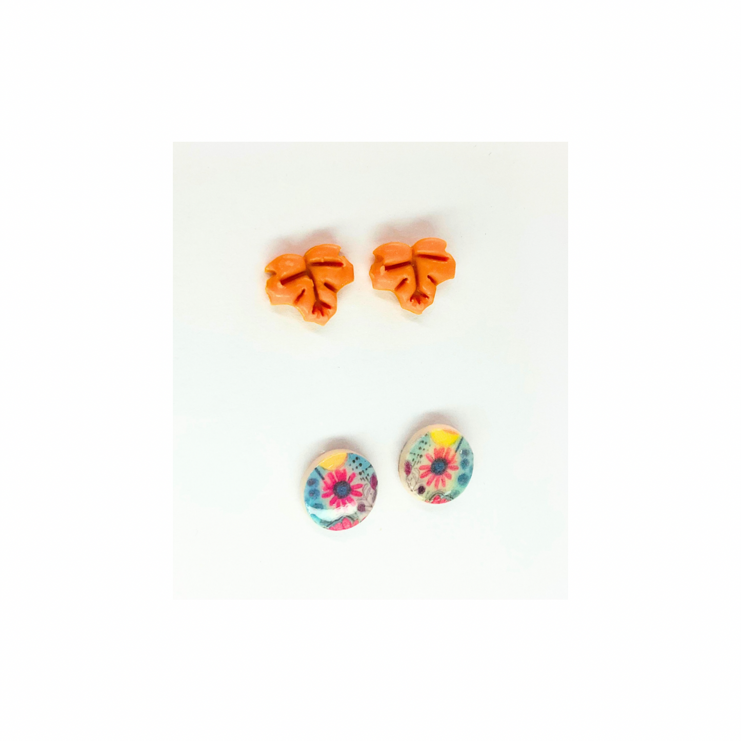 Fall Collection Yellow Leaf and Round Flower Stud Earrings - Yellow Leaves & Colorful Floral Design