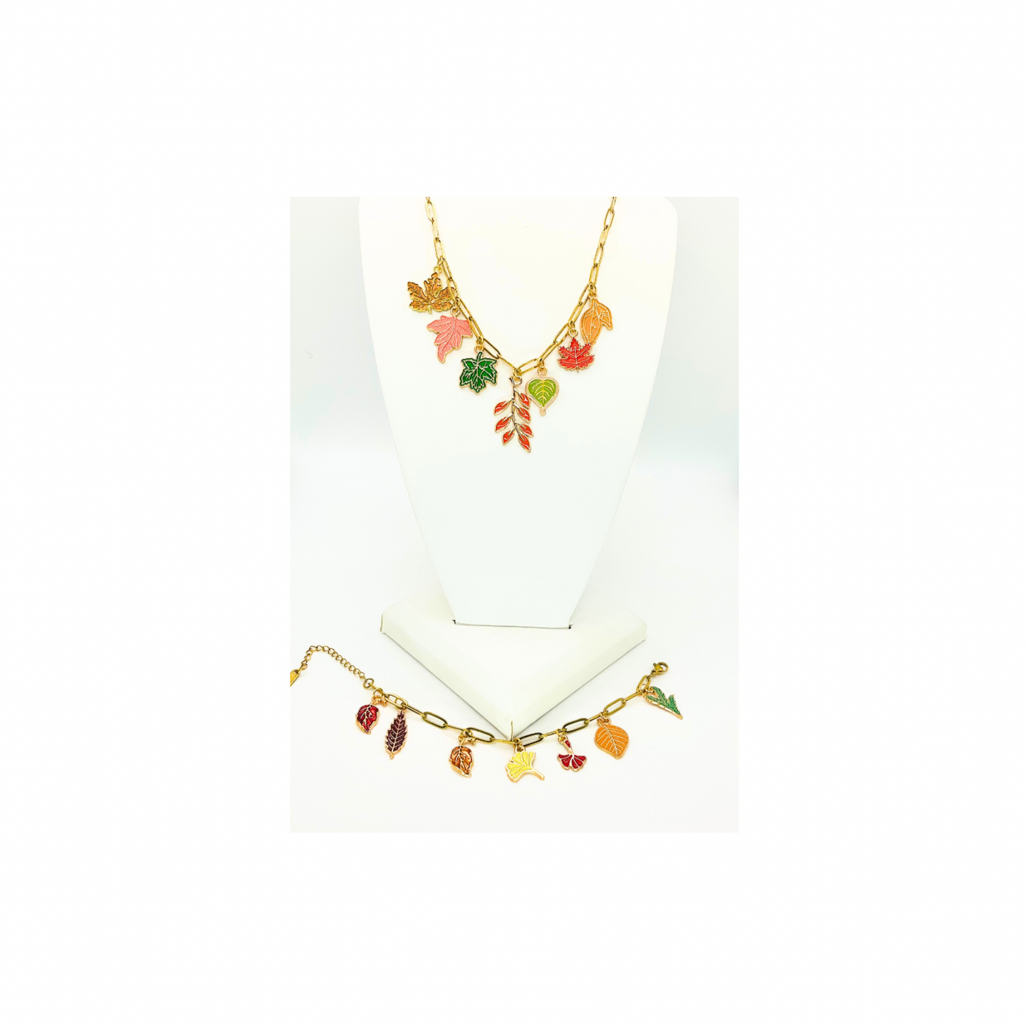 Fall Collection Charm 18-Inch Paperclip Necklace and Bracelet Set with Vibrant Leaf Charms for Seasonal Style