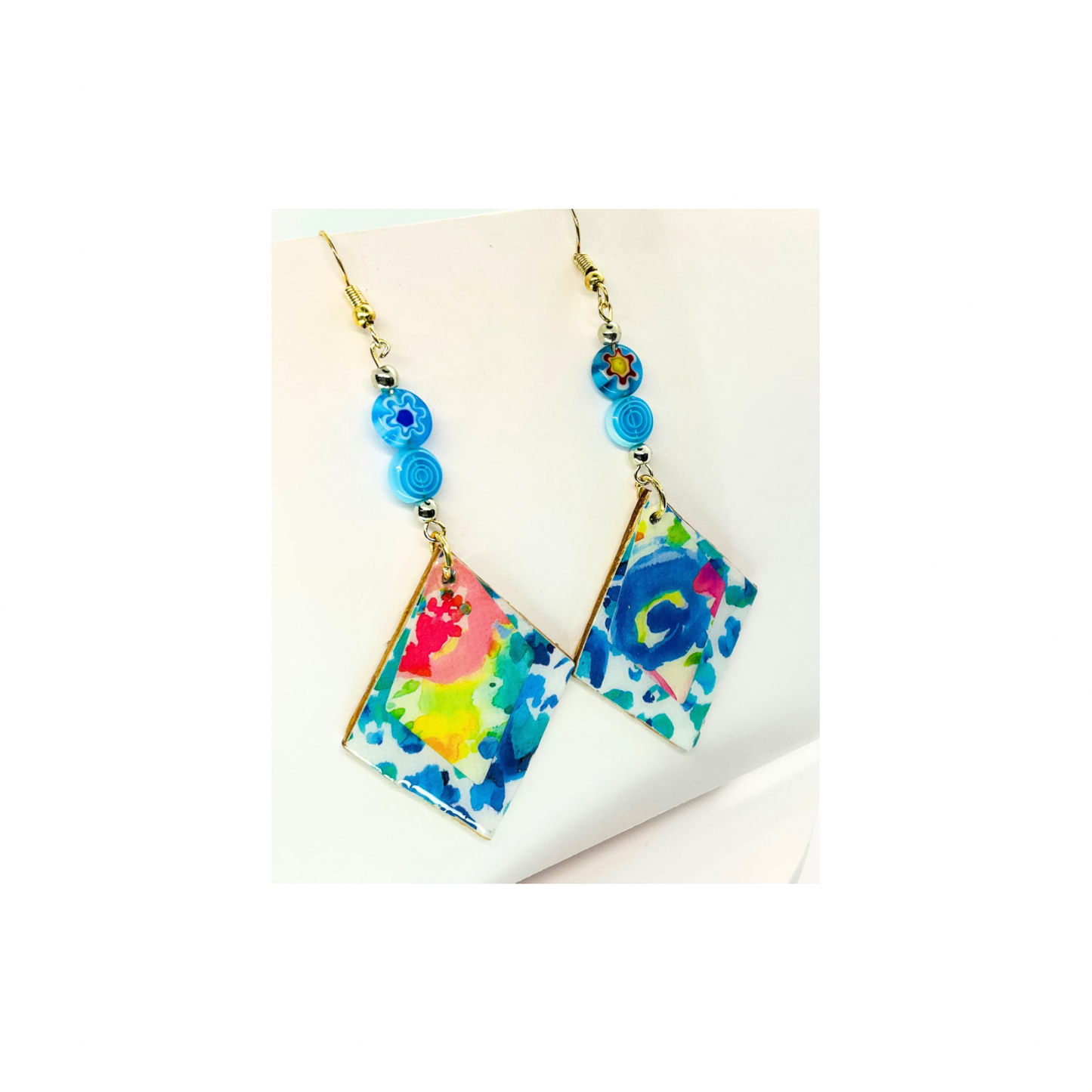 BOHO Dangle Wood Decoupage Earrings - Handmade Diamond-Shaped Floral Design with Tiny Beads & Resin Finish