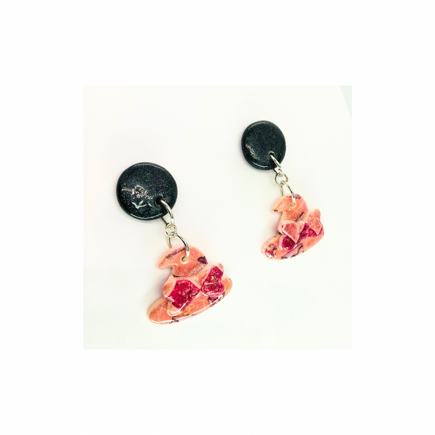 Wizard Collection Pink and Black Witch Hat Dangle Earrings with Unique Design Elements