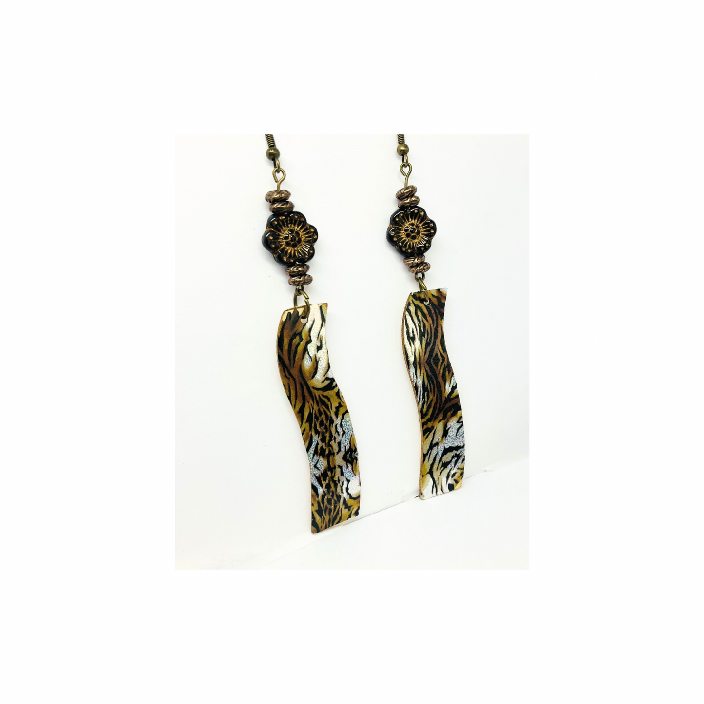 Animal Print Wood Dangle with Brown Flower Bead Earrings