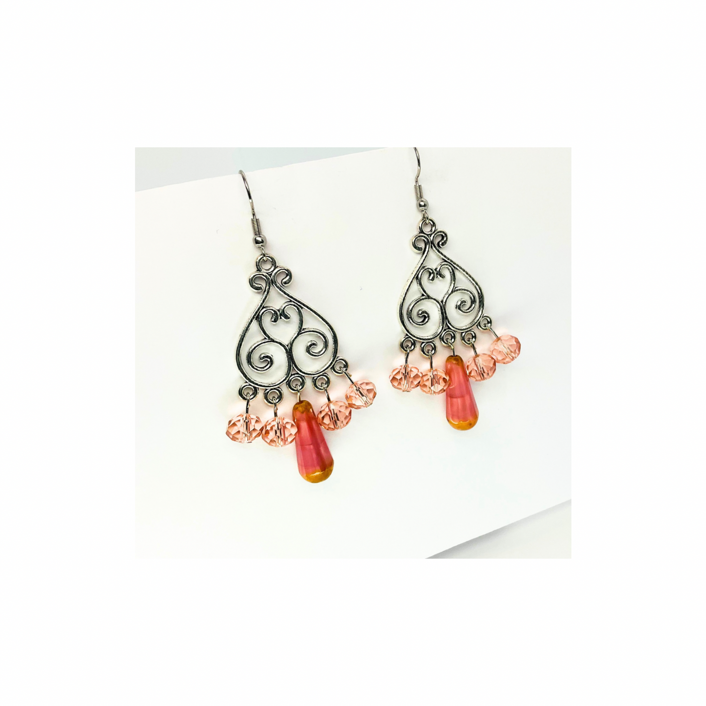Crystal Chandelier Collection Teardrop Dangle Earrings with Pink and Orange Beads and Intricate Design