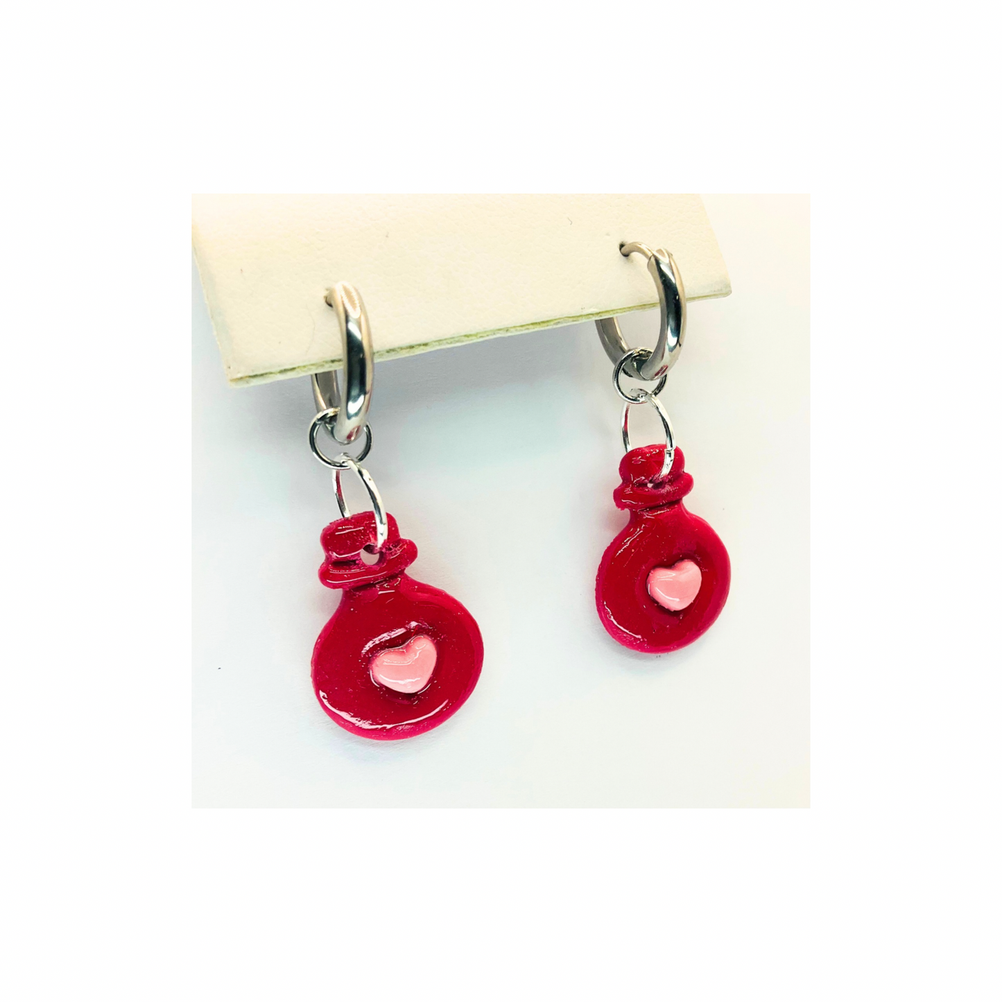 Small Red Globe with Light Pink Heart on Silver Hoop Dangle