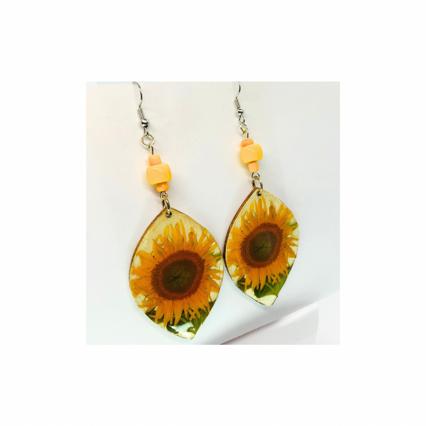 French Garden Collection Teardrop Wood Sunflower Dangle Earring with Yellow Beads and Silver Hooks