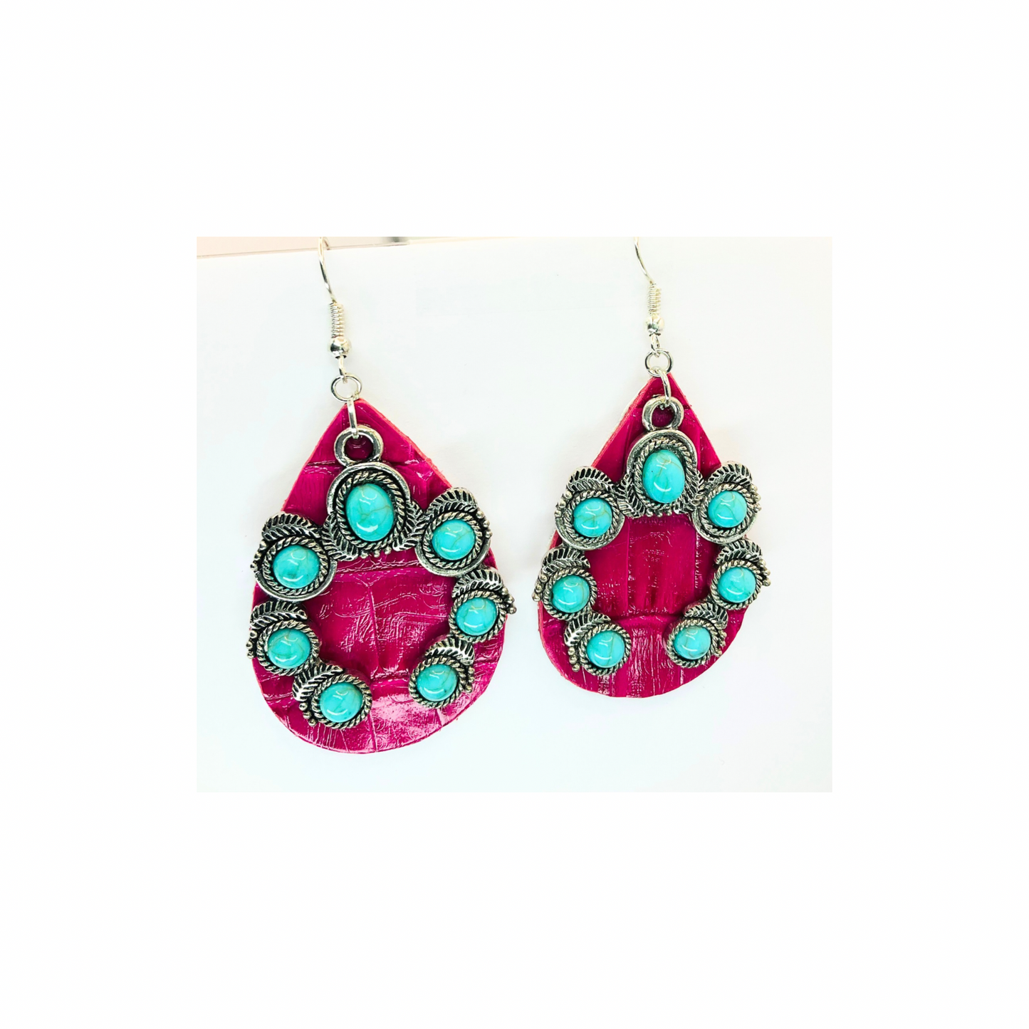 Hot Pink Leather Teardrop with Horseshoe Turquoise Shaped Charm Earrings-Crafting By BB