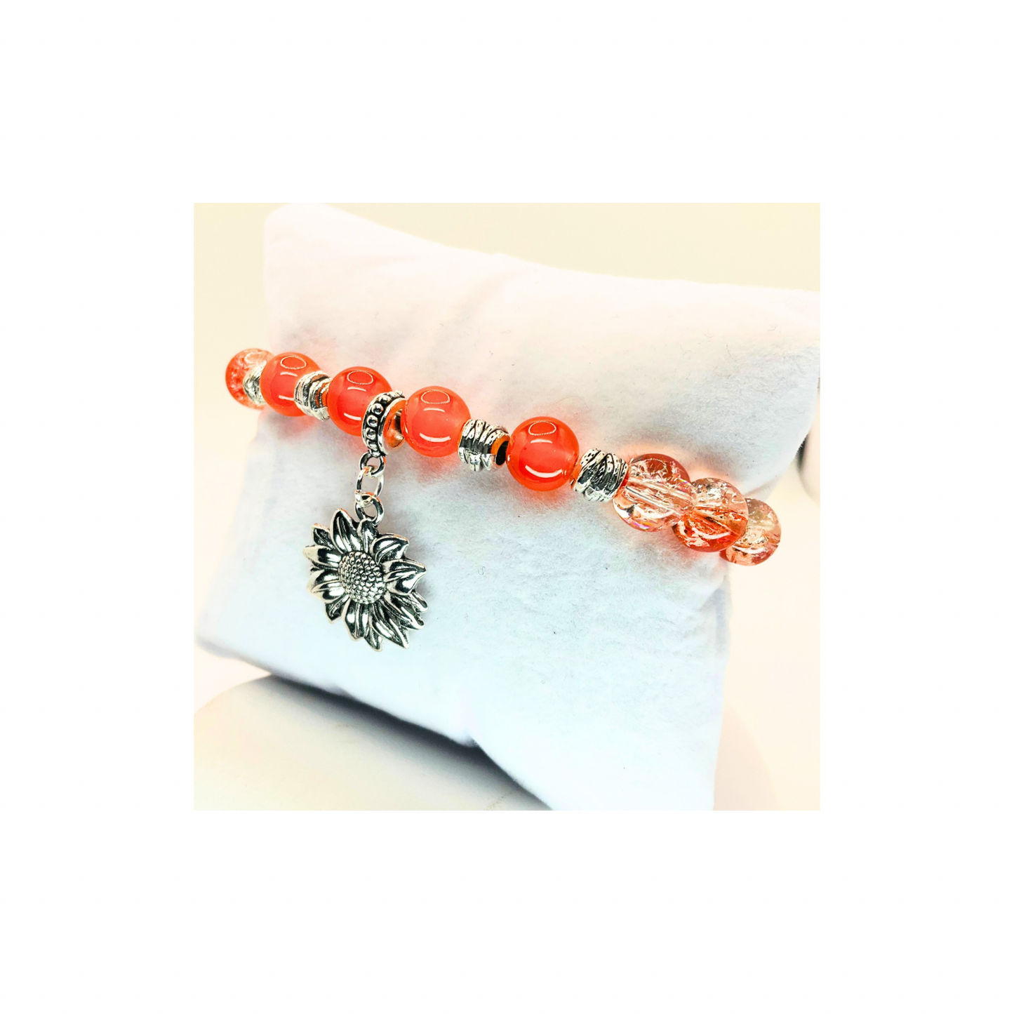 Tangerine and Silver Stretch Bracelet with Silver Sunflower Charm-Crafting By BB