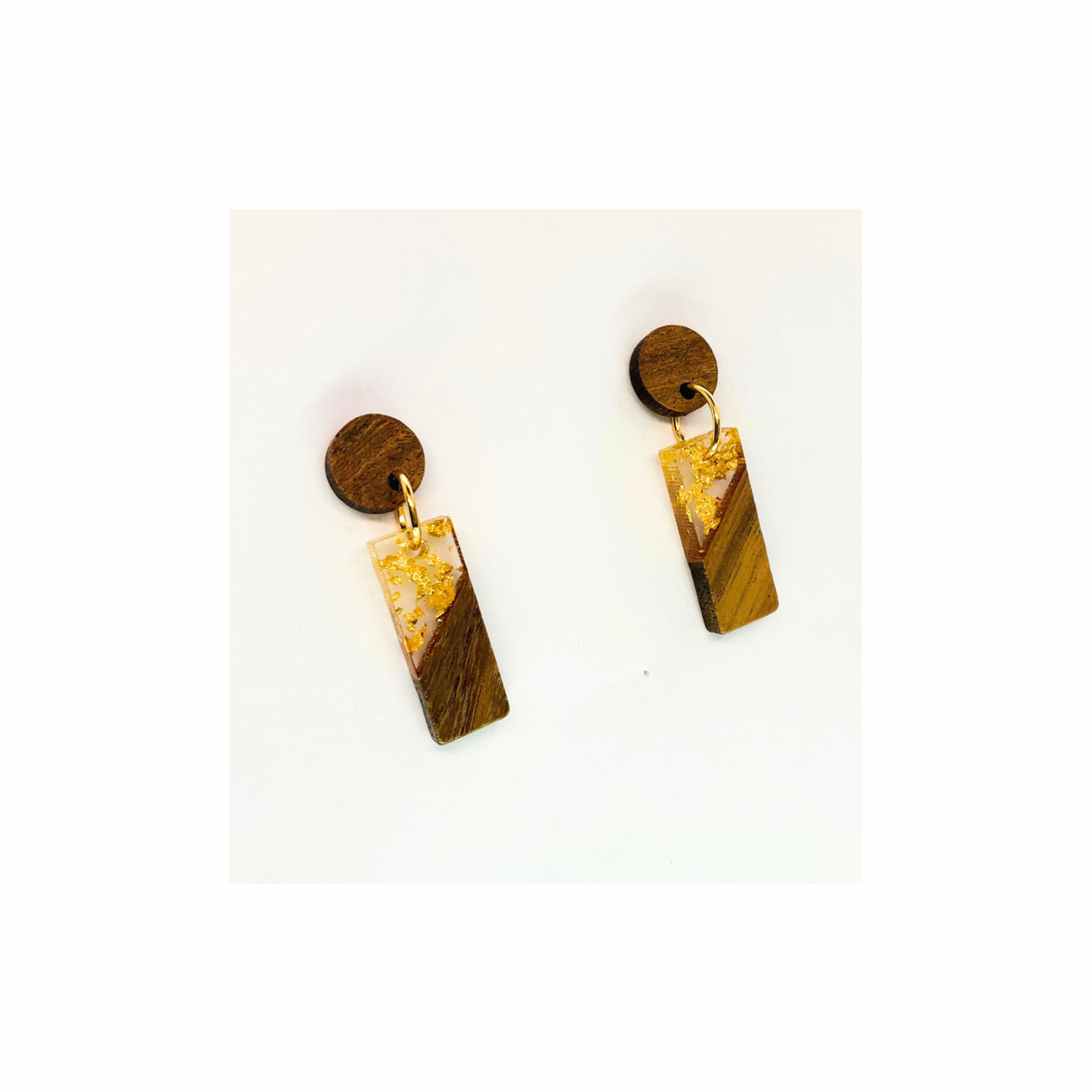 Boho Wood Collection Short Drop Rectangle Stud Earrings with Gold Accents and Wooden Discs